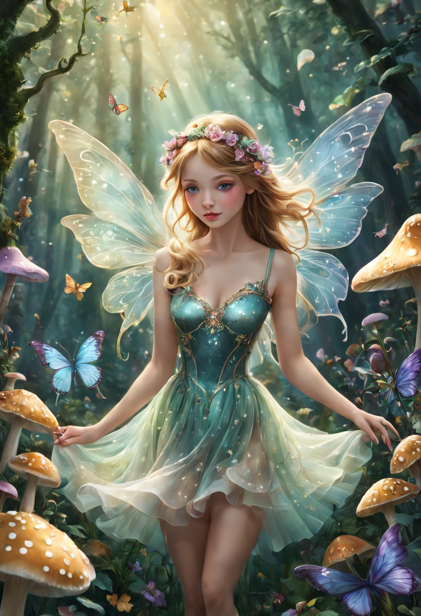 (best quality,4k,8k,highres,masterpiece:1.2),ultra-detailed,(realistic,photorealistic,photo-realistic:1.37),whimsical fairy wonderland,abstract art,pastel shades blending,ethereal atmosphere,enchanted forest,magical creatures,sparkling fairy dust,golden rays of sunlight,soft and dreamy colors,mythical fairies dancing in the air,delicate floral patterns,playful and imaginative,charming surreal landscapes,subtle and harmonious transitions of hues,fantastical elements,ethereal glow,whispering trees,enchanted mushrooms and flowers,butterflies with iridescent wings,magic in every brushstroke,limitless creativity,imagination come to life
