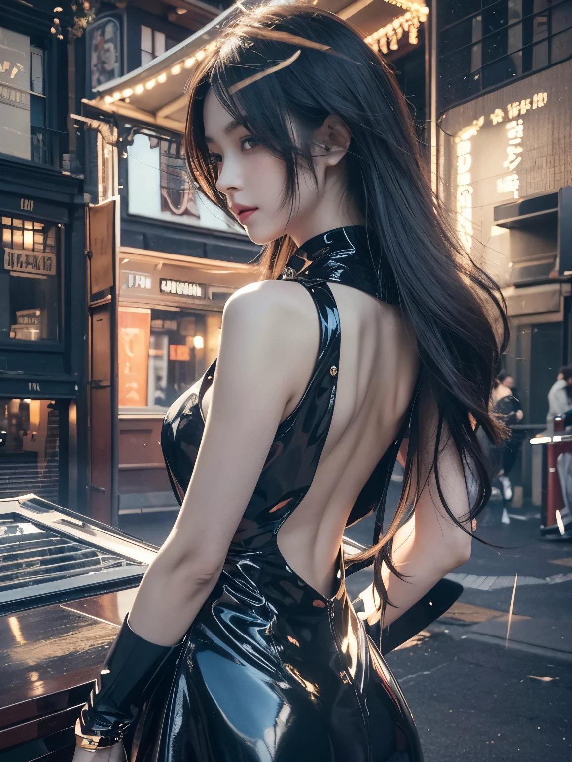 (((nsfw0.8))),Looking into the camera,(((Highest quality, 8K, masterpiece))), ponytail,Sharp focus, (Beautiful woman with perfect figure), thin, (Hairstyle: wonderful)), ((Back alley at night)), street: 1.2 Highly detailed face and skin texture Detailed eyes double eyelid random pose, (smile), Realistic Face, double eyelid,smile, cyberpunk city , At sunset , Beautiful Teeth , Thigh straps, Wear a leather jacket、Camisole、Grey vertical rib sweater dress、Fishnet tights、garter belt、Night view、Full Body Shot, Centered,(tall)