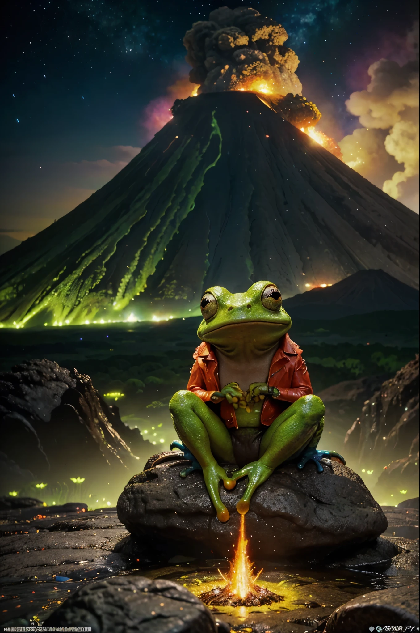 a frog sitting on a rock looking at a volcano, a picture inspired by Tim Hildebrandt, tumblr, psychedelic art, psychedelic frog, the earth sprouts lava, magnificent background, hd wallpaper, background artwork, hd art, pc wallpaper, dmt background, dmt visuals, amazing background, film still of kermit the frog, lsd visuals, 🚀🚀🚀, neon radioactive swamp