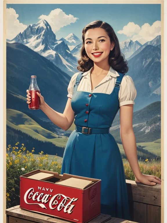 1940s poster, simple box design, simple label, lovely native woman smiling, ad for coca cola, blue sky, mountains in distance