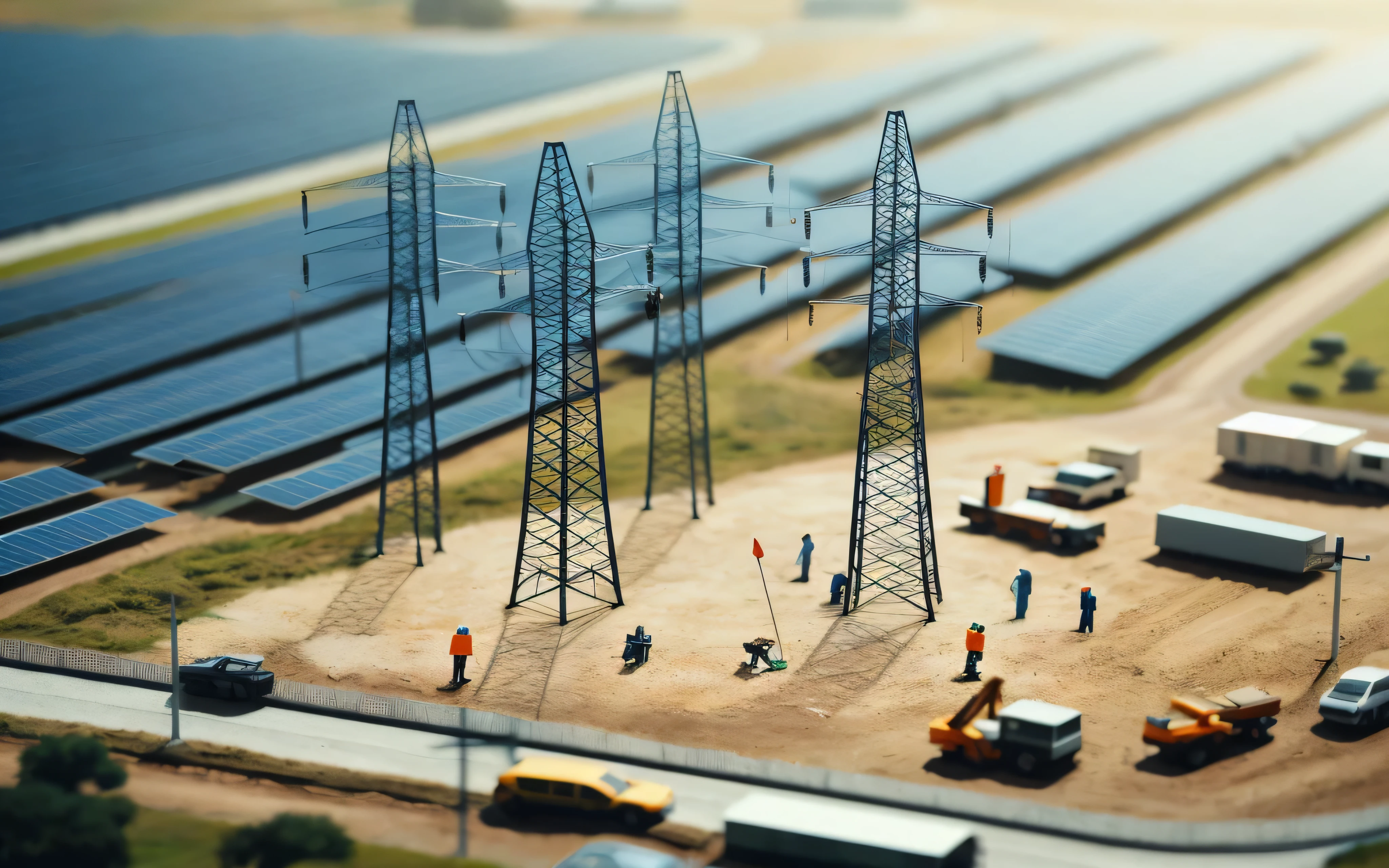 miniature of 3 electrical power towers, power cables on the towers, daylight, during the day, 3 men working, next to a solar farm, cinematic, image from afar, view from above