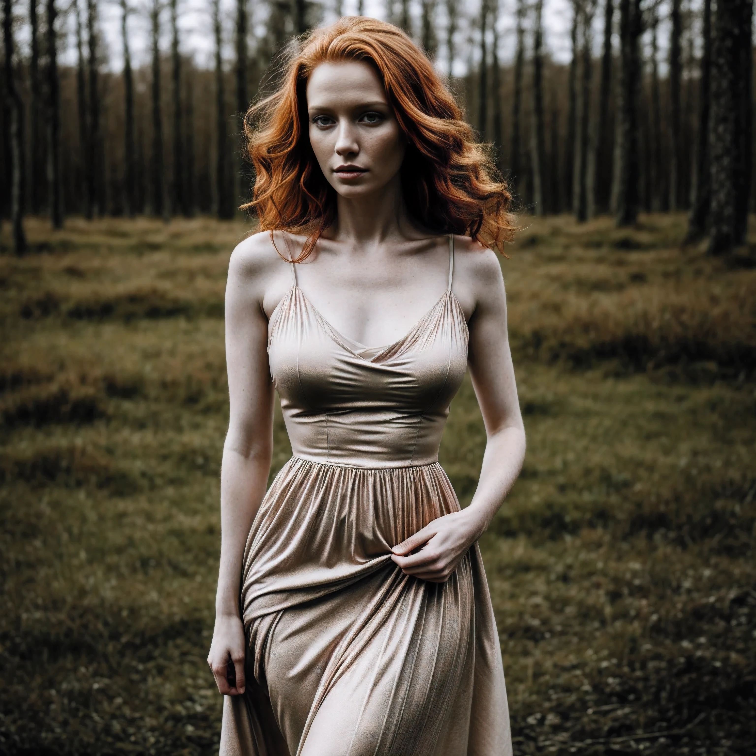 1woman in, age35, Solo, Aesthetic artwork, irish redhead, wavy ginger hair, shoulder length ginger hair, some small freckles, pale skin, small breasts, runners body, fullbody shot, imperfect skin, goosebumps, gothic dress, beautiful nature location, around lake shore, (extremely detailed 8k wallpaper), soft lighting, high quality, film grain, Fujifilm XT3 sharp focus, f 5.6, 50mm, High Detail, Sharp focus,(natural light), (seductive), Realistic, ultra realistic, photo realistic, crazy details, complex details, hyper detailed,