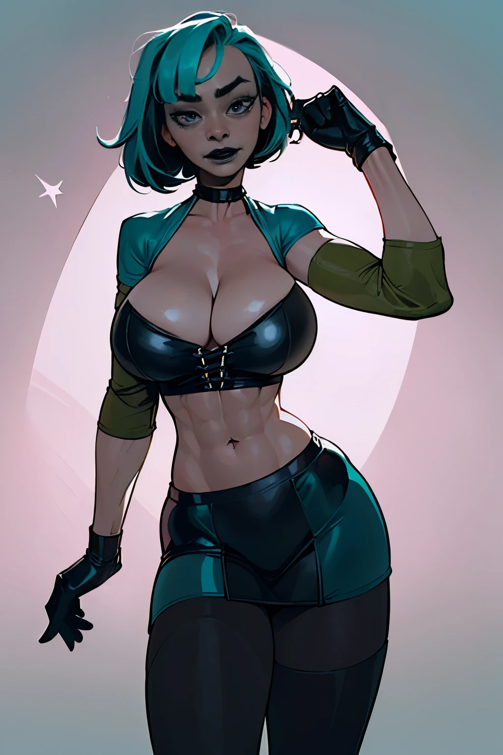 (masterpiece, top quality), (medium),official art, beautiful and aesthetic:1.2),(gwen:1.3), (fractal art:1.3), total drama island, teal hair, black hair, ((black top)), from side, (slendered abs:1.2), choker around neck, teal sleeves, black skirt, teal leggings, black boots, looking at viewer,(((black lipstick))), stars in the background,((black gloves)),((gigantic breasts:1.5)), (short hair),((ultra detail eyes:1.5)),((extremely detailed CG unity 8k wallpaper,masterpiece, best quality)), ((ultra-detailed:1.5)),(best illumination, best shadow, an extremely delicate and beautiful),(extremely detailed CG unity 8k wallpaper,masterpiece, best quality, ultra-detailed),(best illumination,  best shadow, an extremely delicate and beautiful),(masterpiece), digital art, otherworldly, a burst of color, explosive energy, chaotic beauty, (hair flowing:1.2, hair glowing), (background: broken, shattered, fractured), (light: flickering, pulsating, radiating).