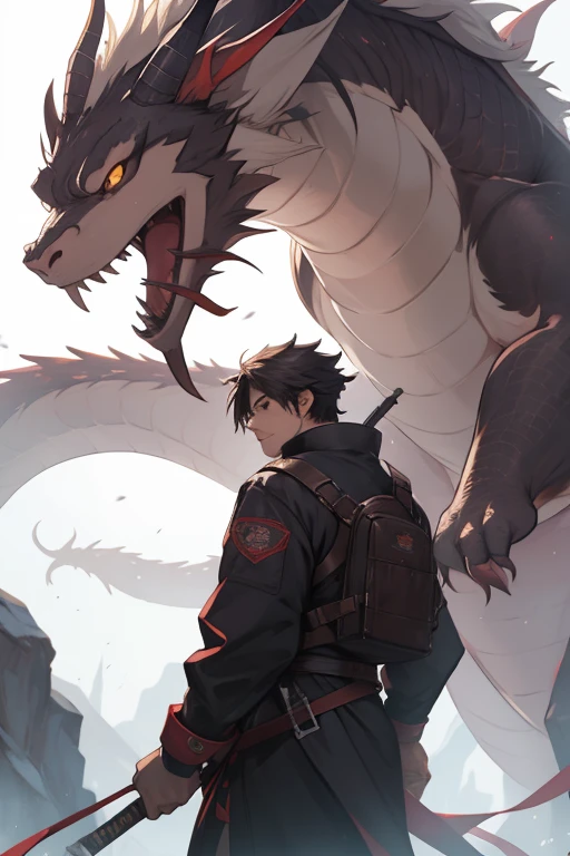(absurdities,high - resolution),16k,(the panorama),younge boy,shonen,eye closeds,Open your hands,shorter hair,dark-hair,Black coat,White underwear,extreme hight detail,lightening,magic,French formation,Exaggerated light,shine,magic,Floating,dusk,A huge purple dragon behind it