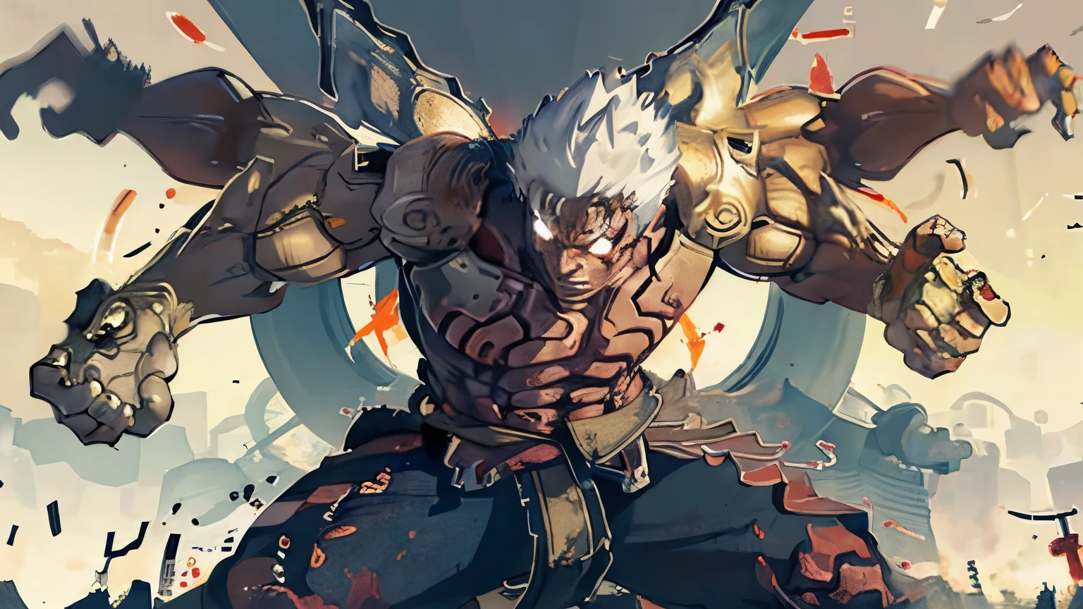 (Full Body, 1boy, solo), Anime, Asura, white hair, short spiky hair, red Aura, destroyed ground, red outlines on the body, perfect hands, close up shot, muscular athletic body, serious face, mantra, highest quality digital art, Stunning art, wallpaper 4k, 8k, 64k, HD, unparalleled masterpiece, dynamic lighting, cinematic, epic