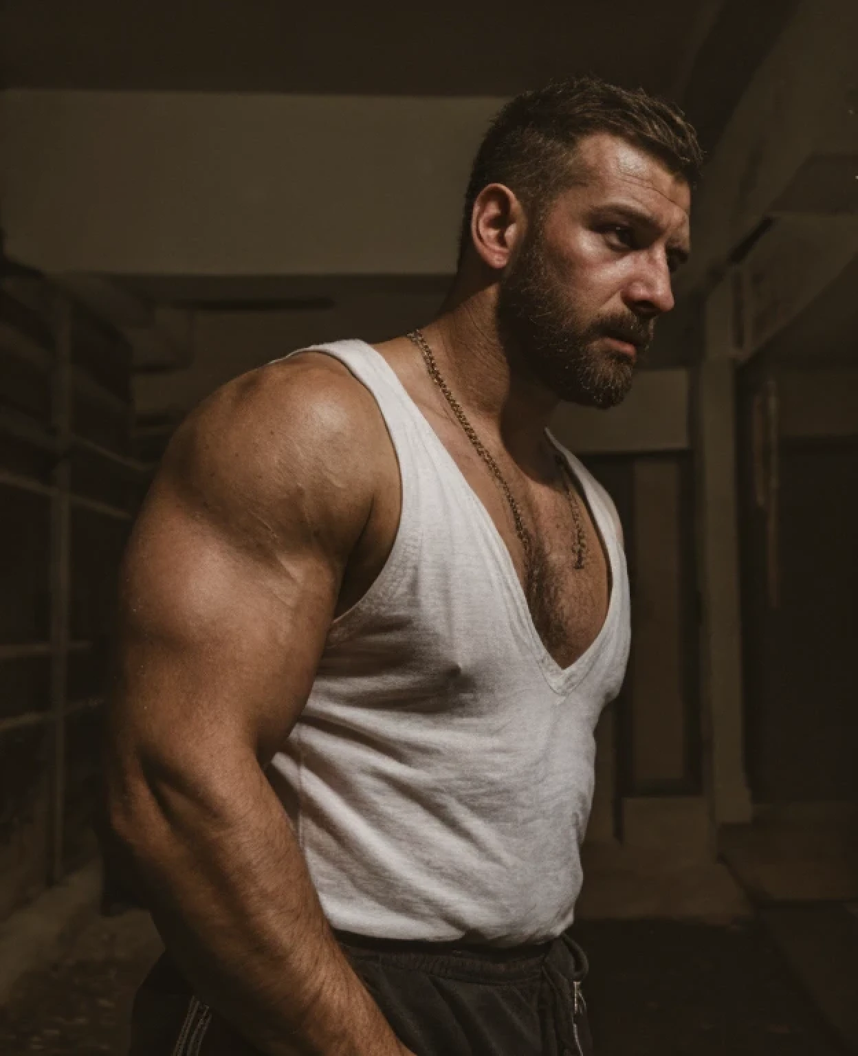 masterpiece, best quality, 1boy, uncle, xxl, huge body, male, beard, chav, rough, dirty, white tank-top, Mancunian, mean, bully, druggy, skinhead, in the neighbourhood, big arms and pecs , erotic, sexy, realistic, dramatic lighting, atmospheric, intricate detail,