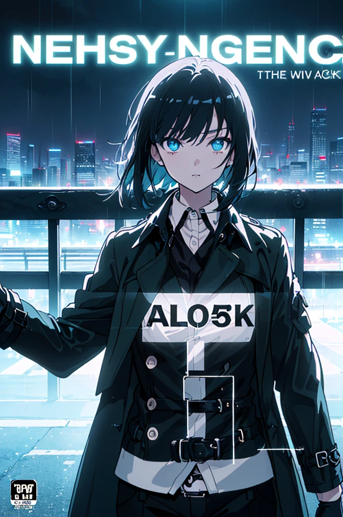 (best quality,8k,masterpiece:1.5), (solo:1.5), 1girl, cyberpunk, futuristic, (buttoned ankle-length black trench coat:1.4), (black pants:1.2), (black collared shirt:1.4), (loose long black hair:1.4), light blue eyes, beautiful detailed face, beautiful detailed fingers, (black leather gloves:1.3), (neon lights:1.4), cityscape, high-rise buildings, advanced technology, city nightlife, (night:1.7), mysterious atmosphere, rain-soaked streets, vivid colors, electric blue color palette, sharp focus, ultra-detailed, high contrast lighting, landscape, reflective surfaces, (anime style:1.4), (cowboy shot:1.3), (frontal body shot:1.6), (looking at viewer:1.4), (cover-style:1.5), (cover:1.5), (headline:1.5), (font:1.5)