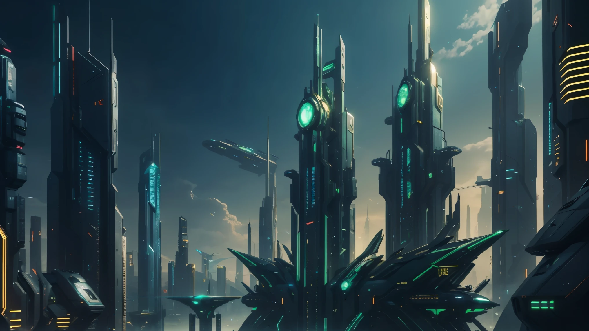 A beautiful and epic futuristic cyberpunk hi-tech emerald city with golden details