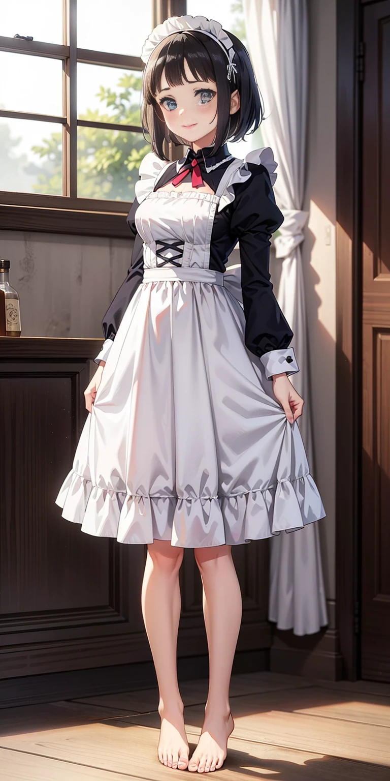 1girl, cute, ((Short black hair girl and long blonde hair girl)), maid victorian, maid apron, straight face, dazed, Body position: Standing, straight, symmetrical, barefoot, Lustful smile on face with red blush,
