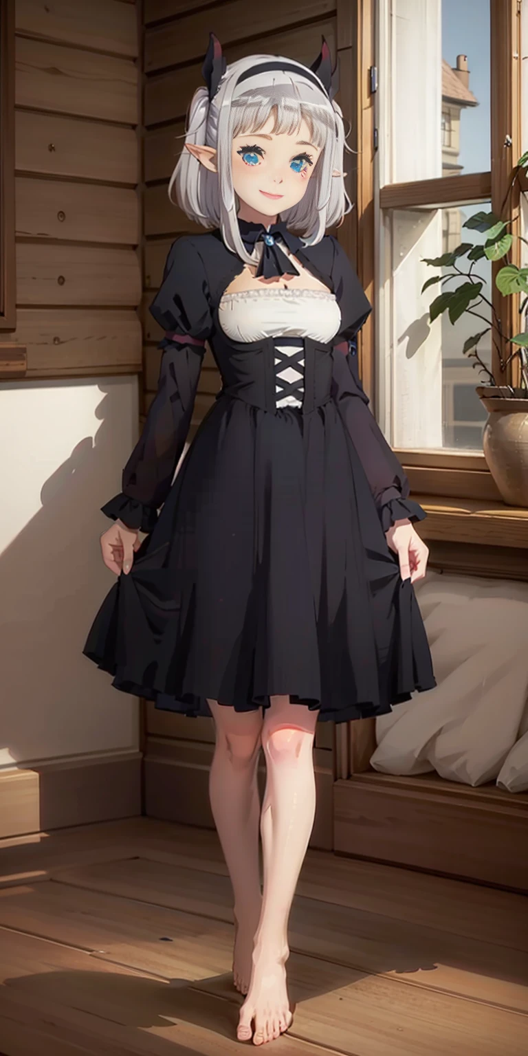 1girl, cute, ((Short black hair girl and long blonde hair girl)), maid victorian, maid apron, straight face, dazed, Body position: Standing, straight, symmetrical, barefoot, Lustful smile on face with red blush,
