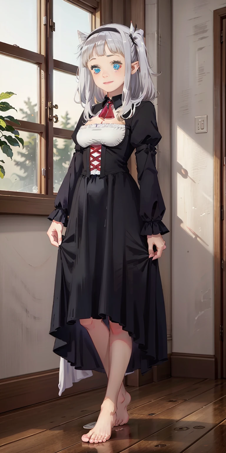 1girl, cute, ((Short black hair girl and long blonde hair girl)), maid victorian, maid apron, straight face, dazed, Body position: Standing, straight, symmetrical, barefoot, Lustful smile on face with red blush,
