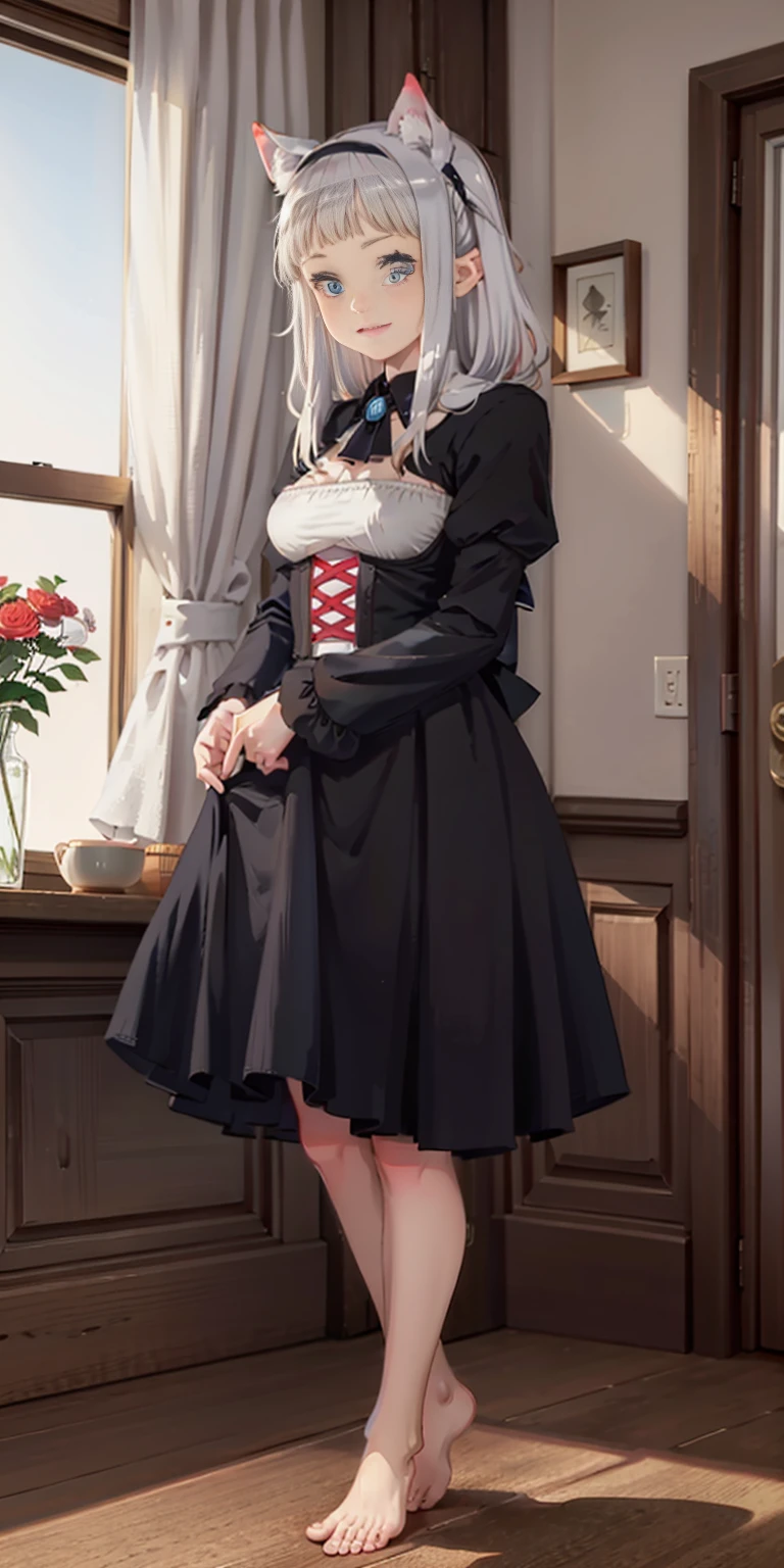 1girl, cute, ((Short black hair girl and long blonde hair girl)), maid victorian, maid apron, straight face, dazed, Body position: Standing, straight, symmetrical, barefoot, Lustful smile on face with red blush,
