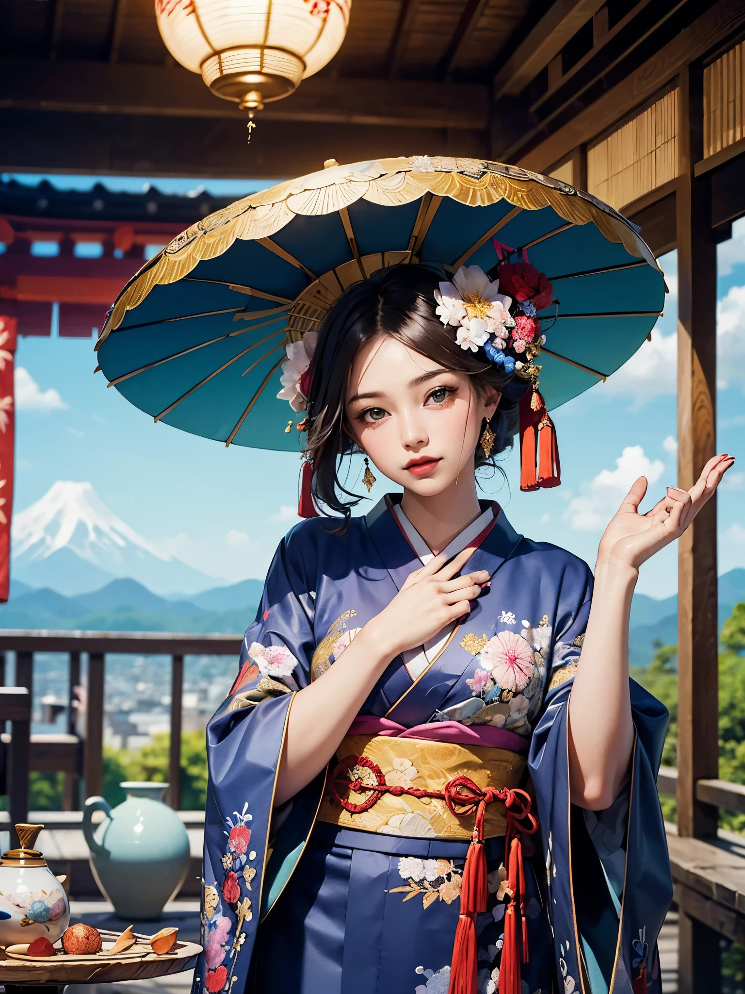 (table top, highest qualityの, highest quality, official art, beautiful and aesthetic:1.2), (1 girl),elaborate costumes(luxurious japanese kimono(colorful kimono(fine embroidery))), very detailed,(fractal art),colorful,best details
