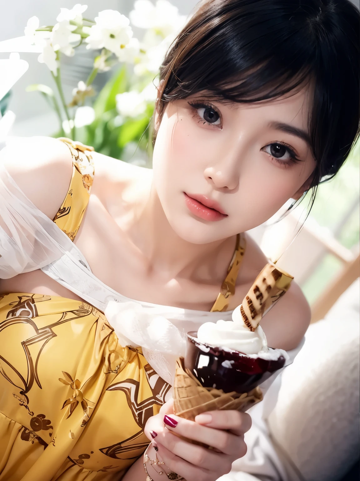 (Best quality, 8k, 32k, Masterpiece, UHD:1.2) "Produce a captivating art piece featuring a girl with a stylish bob haircut, illuminated by dramatic and cinematic lighting that accentuates the contours of her face and hair. Create an atmosphere that exudes intrigue and depth, with shadows and highlights playing a central role in defining the scene. The lighting should emphasize the girl's features and add an extra layer of drama to the composition, making it visually striking and evoking a sense of mystery and allure. the model in a candid yet elegant pose, encapsulating the enchantment and beauty of the moment in this dreamy, romantic setting." ice cream