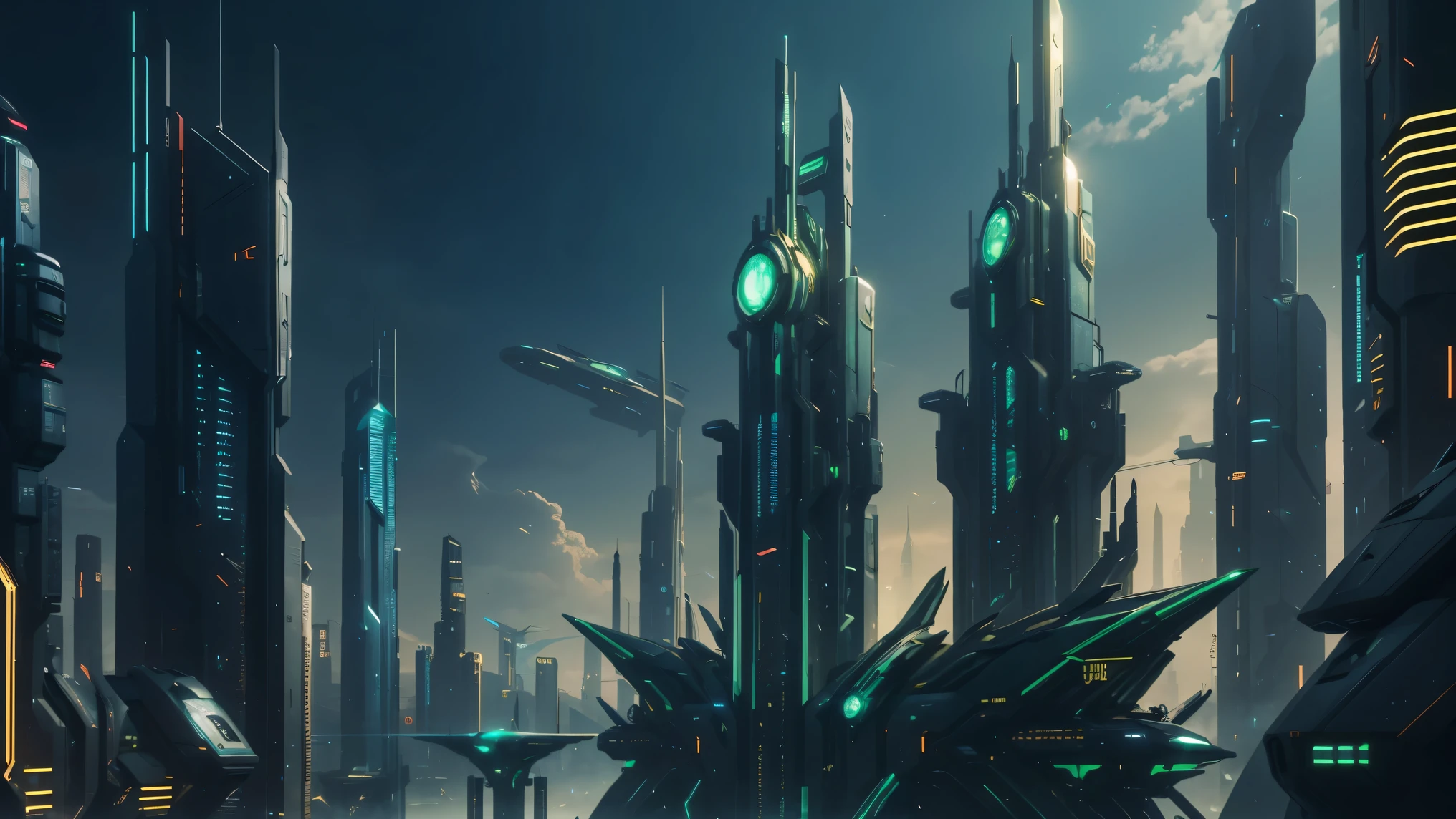 A beautiful epic high-tech emerald cyberpunk futuristic city with golden details