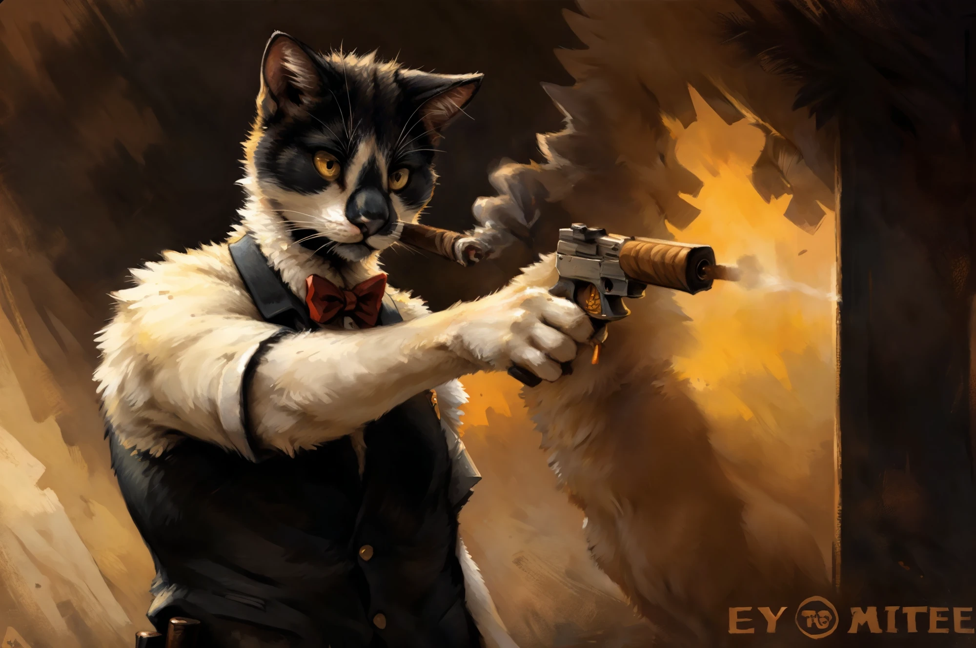 Leo, black and white cat, yellow eyes, feral, by Kenket, standing on hind legs, holding a Glock 19 handgun, aiming gun, serious face, a cigar in his mouth, red bow tie