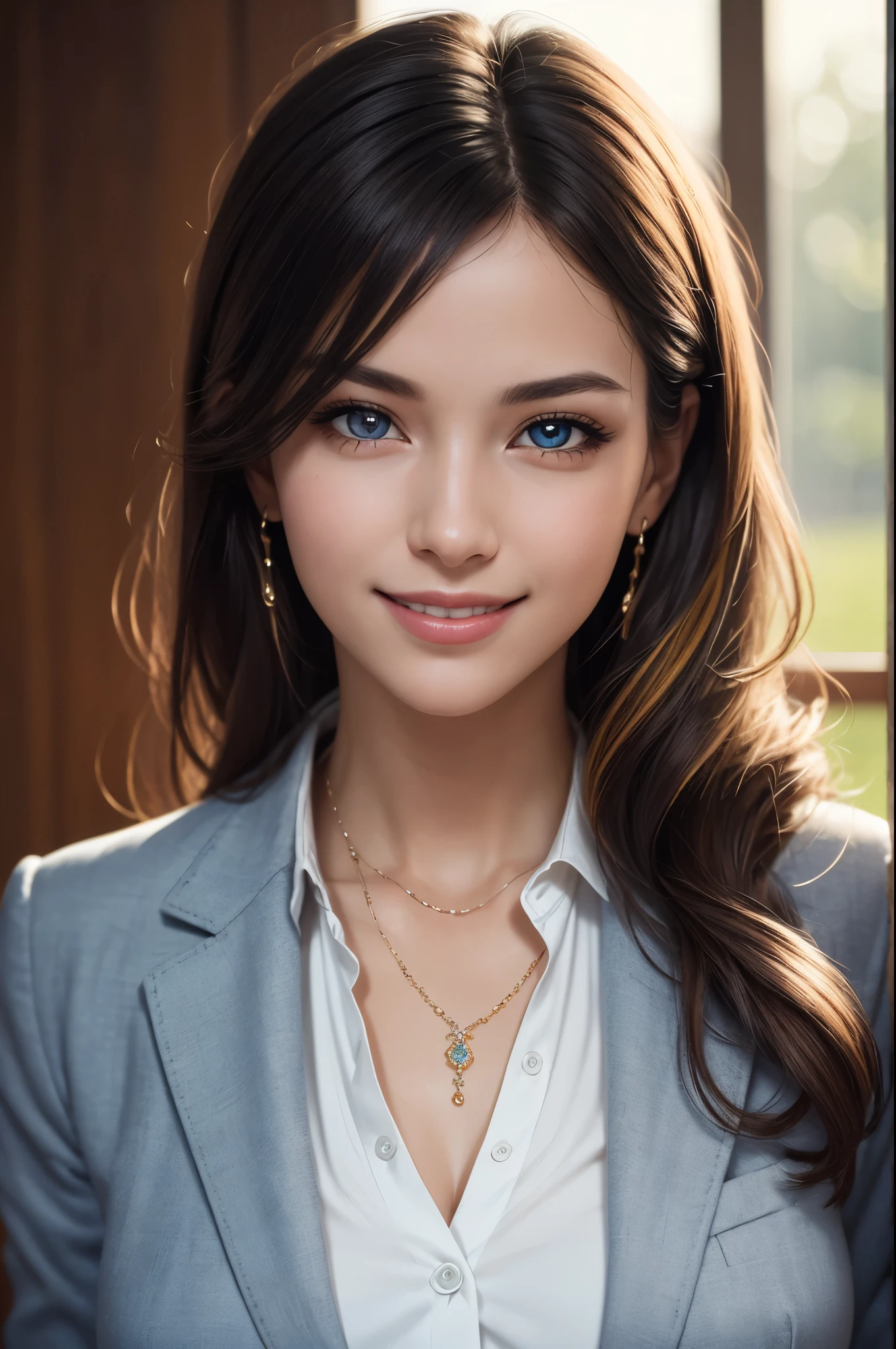 a teacher,centered,hair pin,detailed beautiful eyes,shirt,suit,(ultra-detailed),(8k),hyperrealistic,smile,flower,filigree jewelry,perfect anatomy,(gorgeous color grading),intricate,photorealistic,photo of the lady,happy,(full colors),(masterpiece),(pearlescent),(soft lighting),soft sunlight,innocent,modest