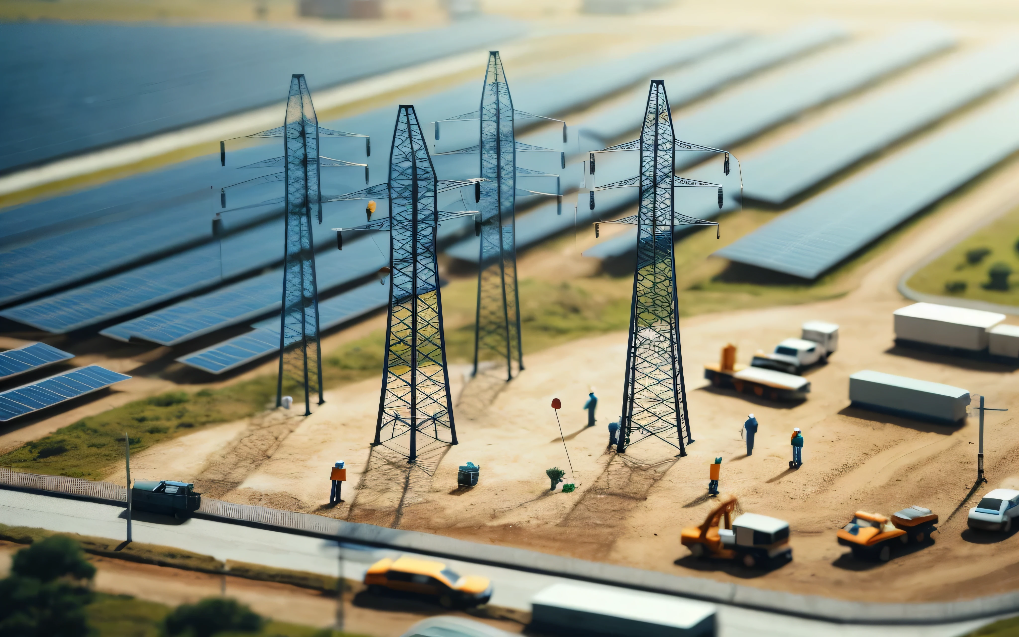 miniature of 3 electrical power towers, power cables on the towers, daylight, during the day, 3 men working, next to a solar farm, cinematic, image from afar, view from above