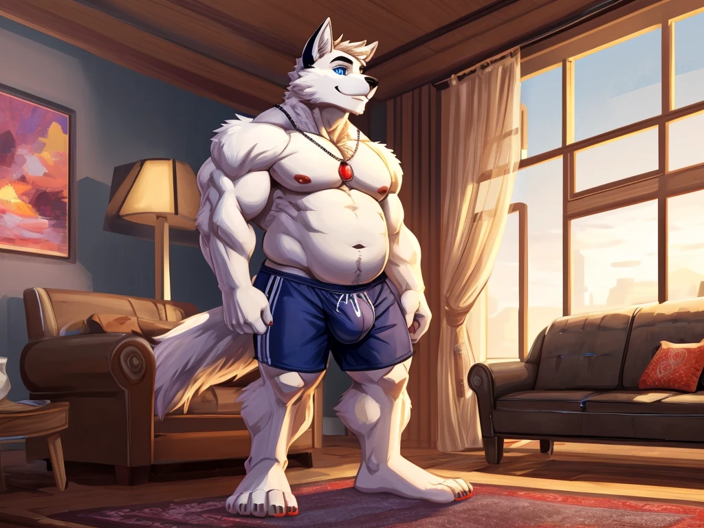 Panorama, livingroom, character focus solo, bright eyes, big tail, male off-white fur, fluffy, furry male dog, young, casual dress, sideways head, smiling, blue eyes, teenager, tall, height two meter seven, handsome, young style, no T-shirt, boxers, big bulge, massive arms, strong arms, muscular legs, hyper muscular, vesible feet, barefoot, huge feet, musclegut, overweight, chubby