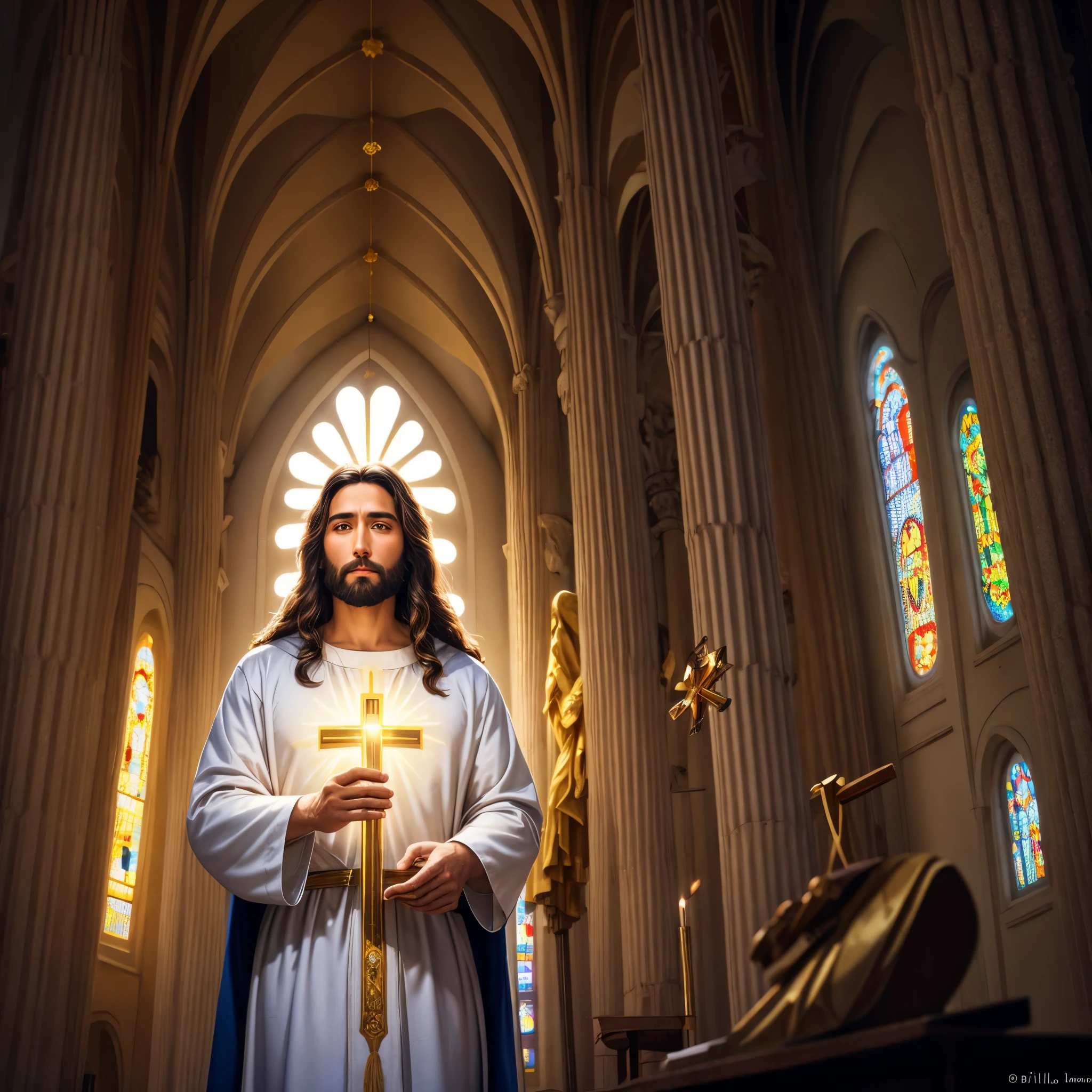 jesus con una sagrada crus, detras de jesus hay una luz muy billante