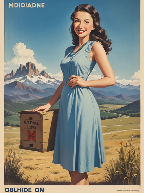 1940s poster, simple box design, simple label, lovely native woman smiling, ad for medicine, vintage medicine bottle, blue sky, oklahoma mountains in distance