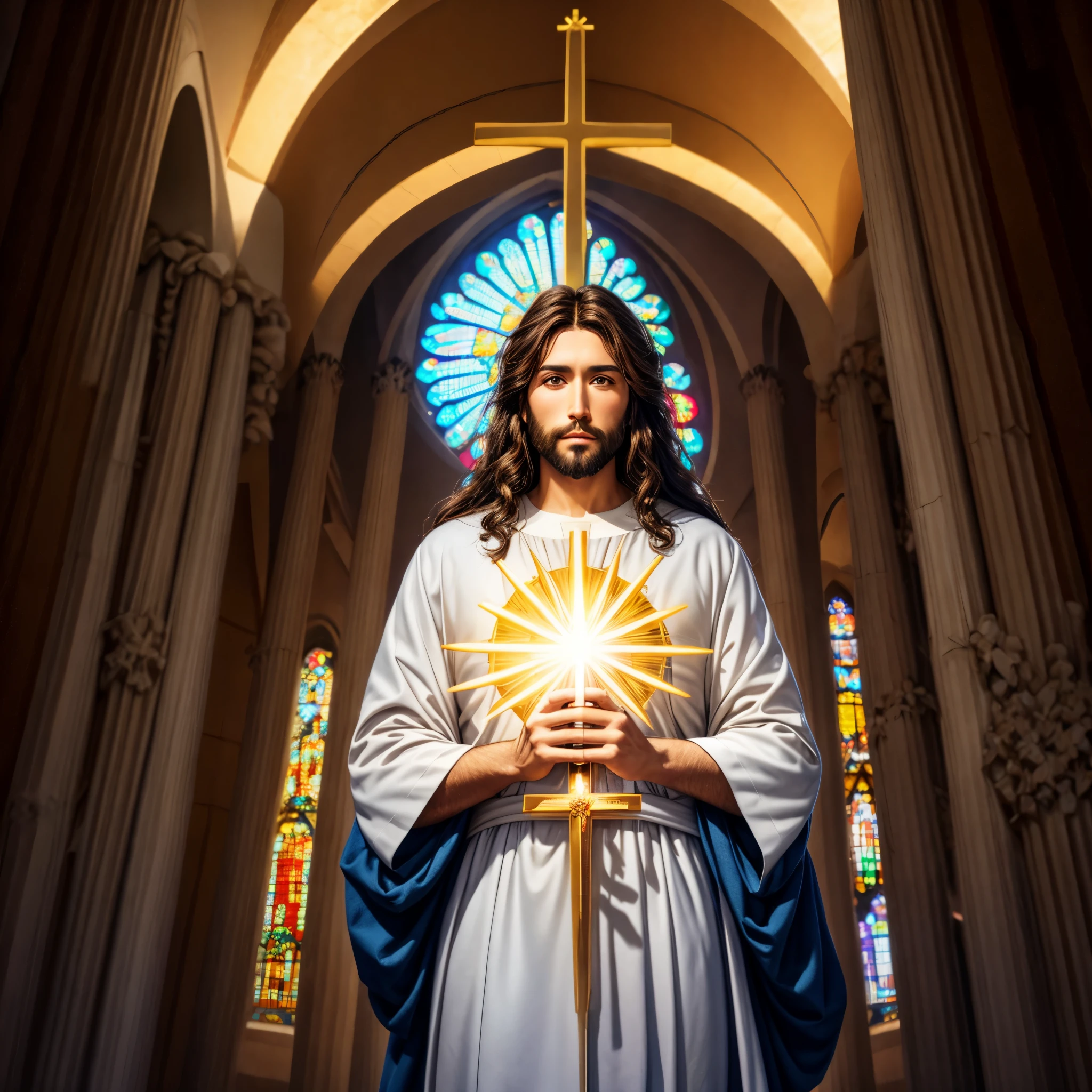 jesus con una sagrada cruz en sus manos, una luz muy brillante detras de el