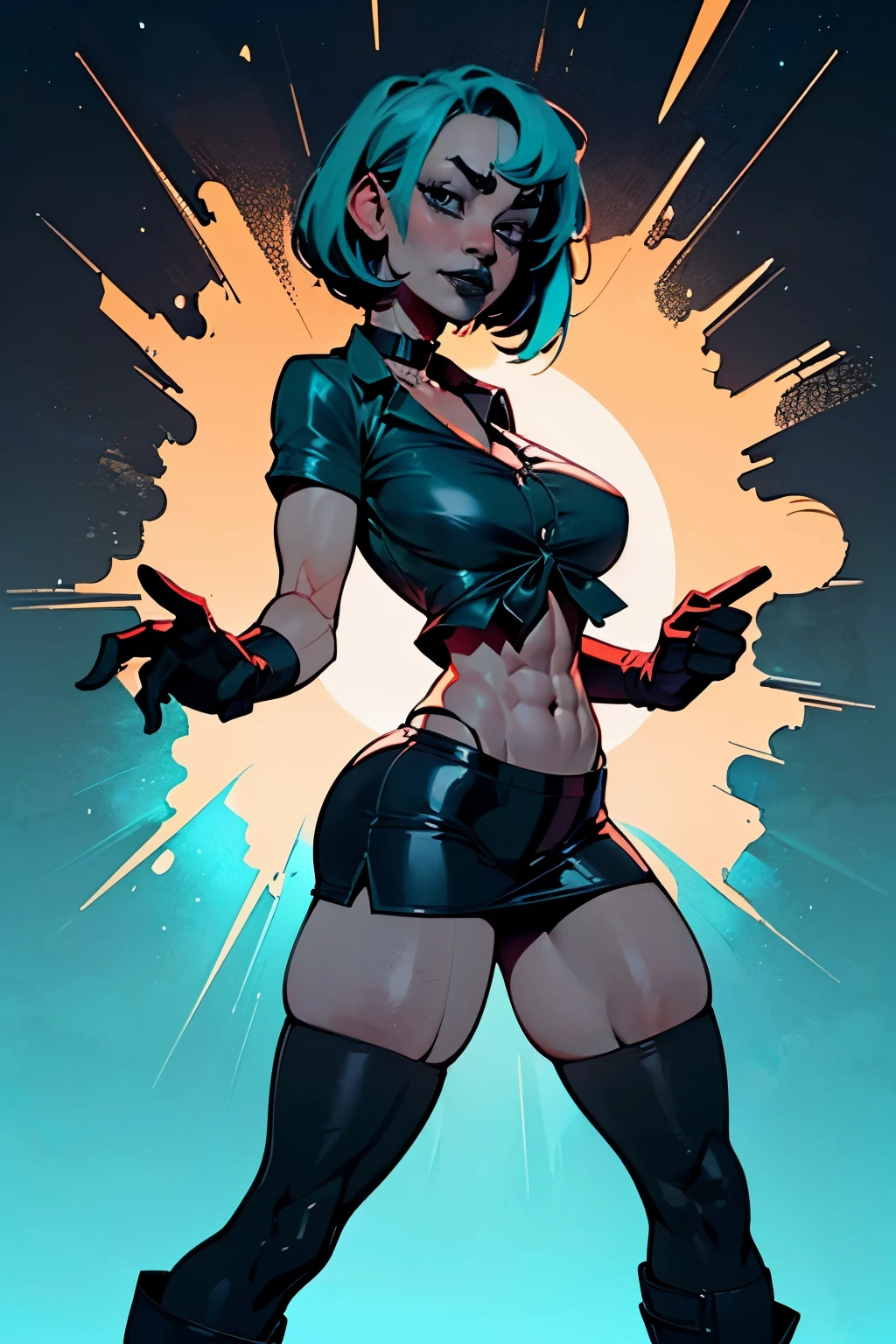 (masterpiece, top quality), (medium),official art, beautiful and aesthetic:1.2),(gwen:1.3), (fractal art:1.3), total drama island, (teal hair), ((black button up shirt)), from side, (slendered abs:1.2), choker around neck, black skirt, black boots, looking at viewer,(((black lipstick))), stars in the background,((black gloves)),((gigantic breasts:1.5)), (short hair),((ultra detail eyes:1.5)),((extremely detailed CG unity 8k wallpaper,masterpiece, best quality)), ((ultra-detailed:1.5)),(best illumination, best shadow, an extremely delicate and beautiful),(extremely detailed CG unity 8k wallpaper,masterpiece, best quality, ultra-detailed),(best illumination,  best shadow, an extremely delicate and beautiful),(masterpiece), digital art, otherworldly, a burst of color, explosive energy, chaotic beauty, (hair flowing:1.2, hair glowing), (background: broken, shattered, fractured), (light: flickering, pulsating, radiating).