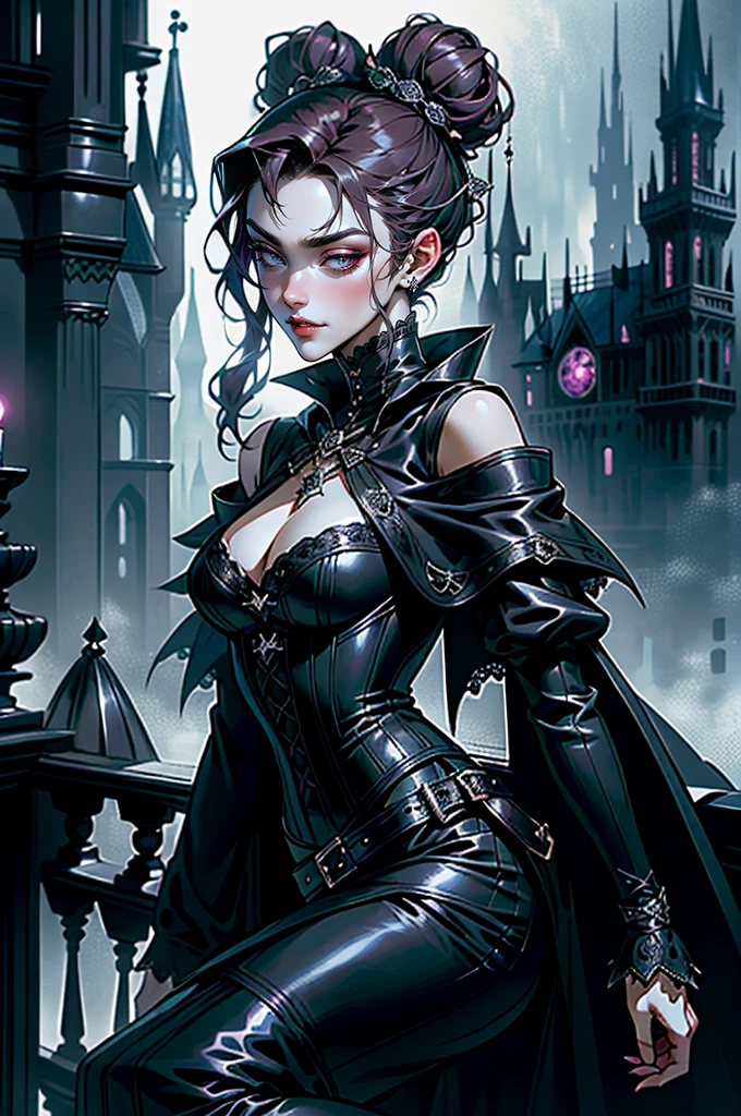 (masterpiece, top quality, best quality, official art, beautiful and aesthetic: 1.2), (1 woman: 1.3), long curly dark brown hair, ((fancy bun)), Victorian style, Victorian classic, extremely detailed, portrait, looking at the viewer, solo, (full body: 0.6), detailed background, close-up, mischievous eyes, (cold midnight castle theme: 1.1), vampire, long fangs, blood on chin, huge lips, charlatan, mischievous smile, mysterious, being seductive on the balcony, revealing gothic dress, extremely tight bodice, black costume, magenta skirts, off-the-shoulder, long sleeves, loose sleeves, black leather , cape, corset, black dress, fishnets, black high boots, buckles, straps, bags, glowing blood magic energy, dark magenta fabric, silver trim, black leather, extremely slim, slim waist, slim hips, medieval background (gothic castle exterior: 1.1), nocturnal, dark and mysterious lighting, shadows, magical atmosphere, Dancing lightly. backwadrs, Looking back. Very sexy, with chin resting on shoulder, abigail larson art style
