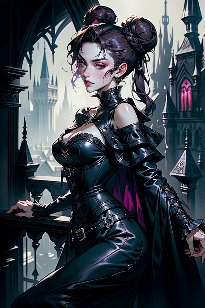(masterpiece, top quality, best quality, official art, beautiful and aesthetic: 1.2), (1 woman: 1.3), long curly dark brown hair, ((fancy bun)), Victorian style, Victorian classic, extremely detailed, portrait, looking at the viewer, solo, (full body: 0.6), detailed background, close-up, mischievous eyes, (cold midnight castle theme: 1.1), vampire, long fangs, blood on chin, huge lips, charlatan, mischievous smile, mysterious, being seductive on the balcony, revealing gothic dress, extremely tight bodice, black costume, magenta skirts, off-the-shoulder, long sleeves, loose sleeves, black leather , cape, corset, black dress, fishnets, black high boots, buckles, straps, bags, glowing blood magic energy, dark magenta fabric, silver trim, black leather, extremely slim, slim waist, slim hips, medieval background (gothic castle exterior: 1.1), nocturnal, dark and mysterious lighting, shadows, magical atmosphere, Dancing lightly. backwadrs, Looking back. Very sexy, with chin resting on shoulder, abigail larson art style