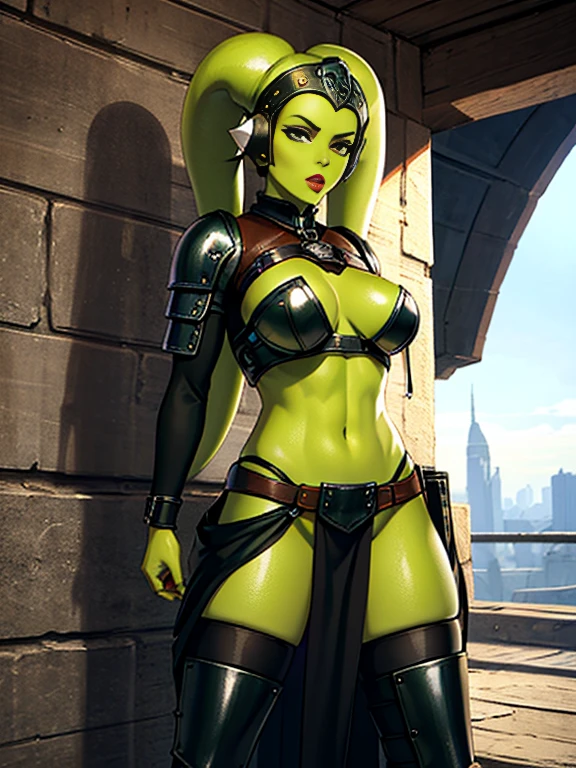 (best quality, work of masters, masterpiece, ultra detailed), 1girl, (((green skin))), sexy Twi'lek, huge saggy breasts, titsonastick, Jedi, dressed in modest style, wearing dark brown full body jedi robes, with a beige tunic, loose trousers, long boots, brown cloth, buckles, straps, Star Wars, lekku markings, bimbo lips, extreme detail, highly detailed face, skindentations, most beautiful girl in the world, perfect proportions.