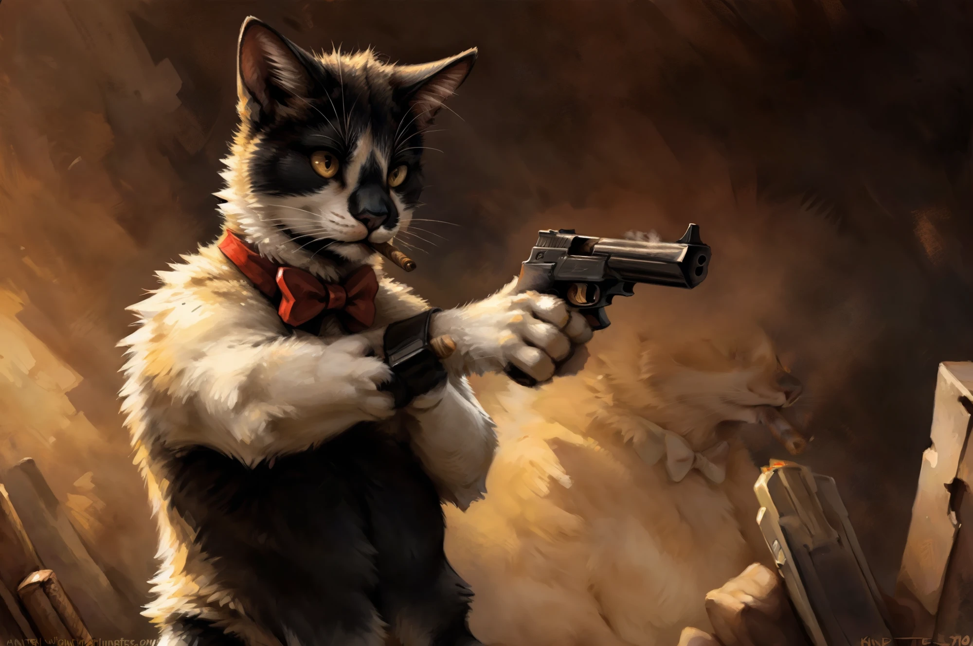 Leo, black and white cat, yellow eyes, feral, by Kenket, standing on hind legs, holding a Glock 19 handgun, aiming gun, serious face, a cigar in his mouth, red bow tie, paws for hands, 