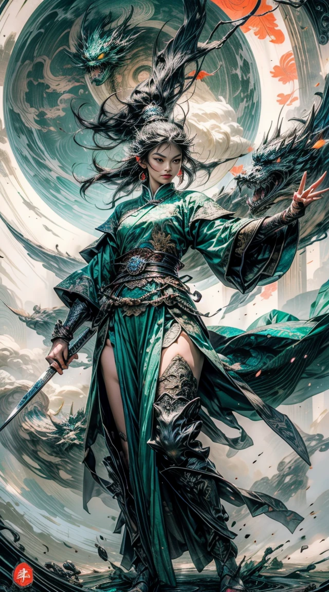 ((Full body Illustration)), high definition|quality|contrast. Magic Fantasy art. a imposing Chinese warrior woman holding a staff in combat pose, (attack pose), traditional dress in shades of green, tattoo on the right leg, swirl of leaves around. her body emanates an energy of peace and strength that emits white and green colors of peace and strength.This energy that radiates around her protects her against an evil spirit.l, ambient soft light.