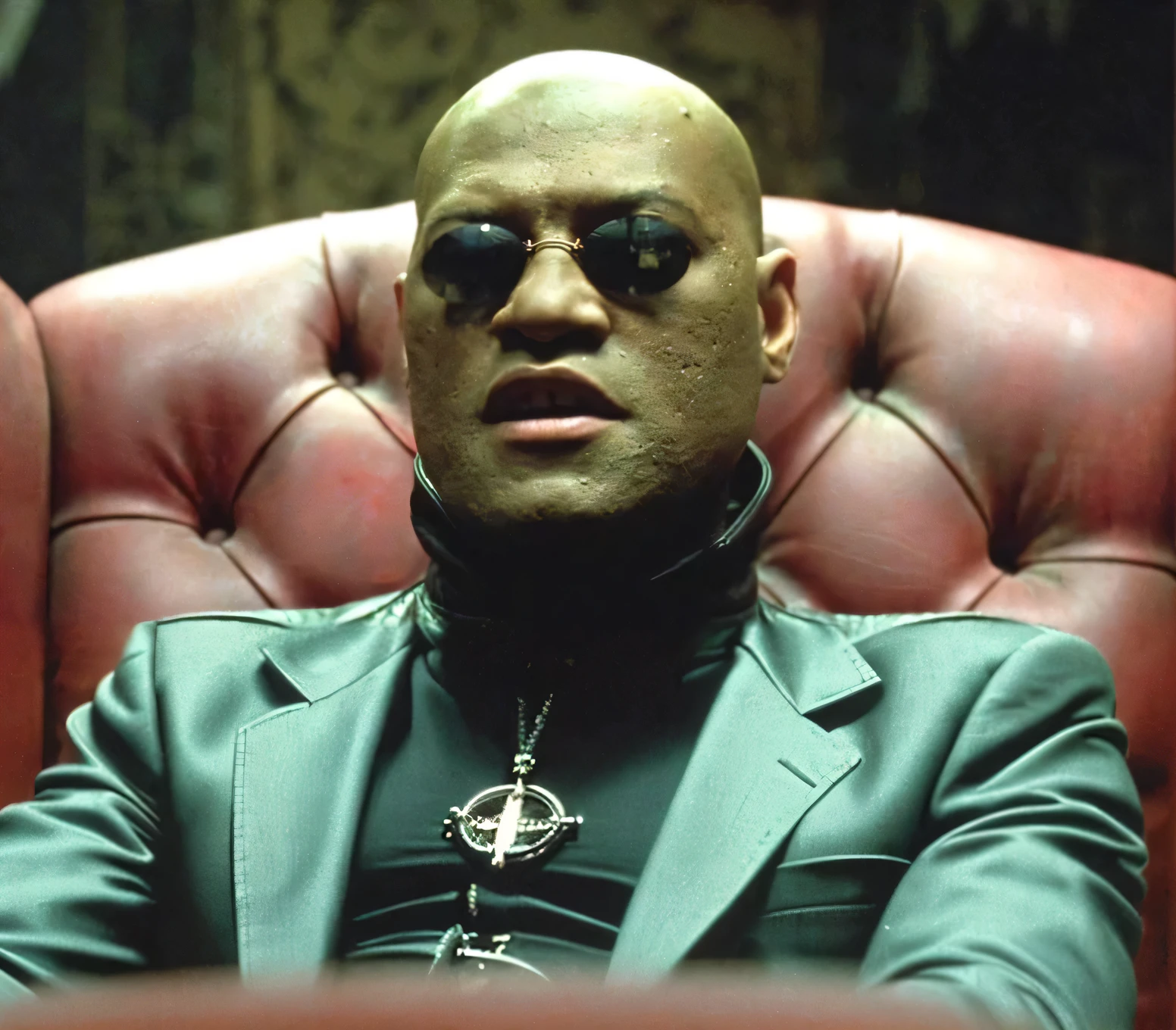 a close up of a bald man in sunglasses sitting in a chair, popcorn as morpheus, morpheus, in the new matrix movie, shrek as neo from the matrix, will smith as neo in the matrix, from matrix(1999), from matrix ( 1 9 9 9 ), in matrix, trinity the matrix, neo from the matrix