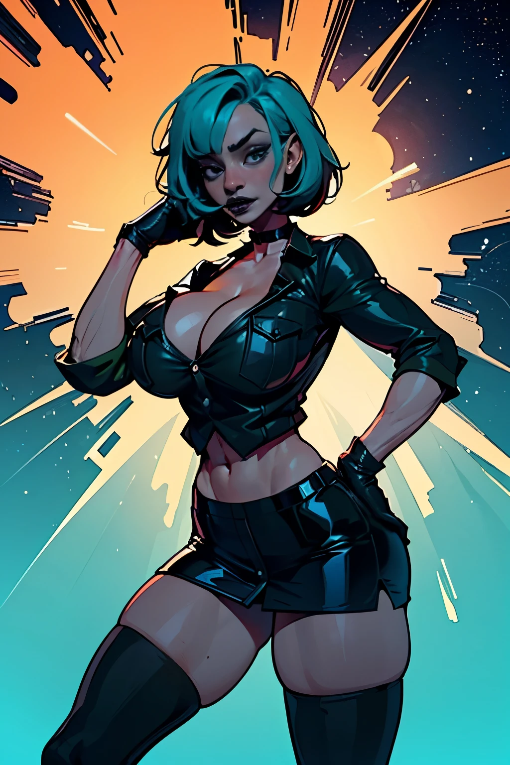 (masterpiece, top quality), (medium),official art, beautiful and aesthetic:1.2),(gwen:1.3), (fractal art:1.3), total drama island, (teal hair), ((black button up shirt)), from side, (slendered abs:1.2), ((choker around neck)), black skirt, (cleavage:1.2), black boots, looking at viewer,(((black lipstick))), stars in the background,((black gloves)),((gigantic breasts:1.5)), (short hair),((ultra detail eyes:1.5)),((extremely detailed CG unity 8k wallpaper,masterpiece, best quality)), ((ultra-detailed:1.5)),(best illumination, best shadow, an extremely delicate and beautiful),(extremely detailed CG unity 8k wallpaper,masterpiece, best quality, ultra-detailed),(best illumination,  best shadow, an extremely delicate and beautiful),(masterpiece), digital art, otherworldly, a burst of color, explosive energy, chaotic beauty, (hair flowing:1.2, hair glowing), (background: broken, shattered, fractured), (light: flickering, pulsating, radiating).