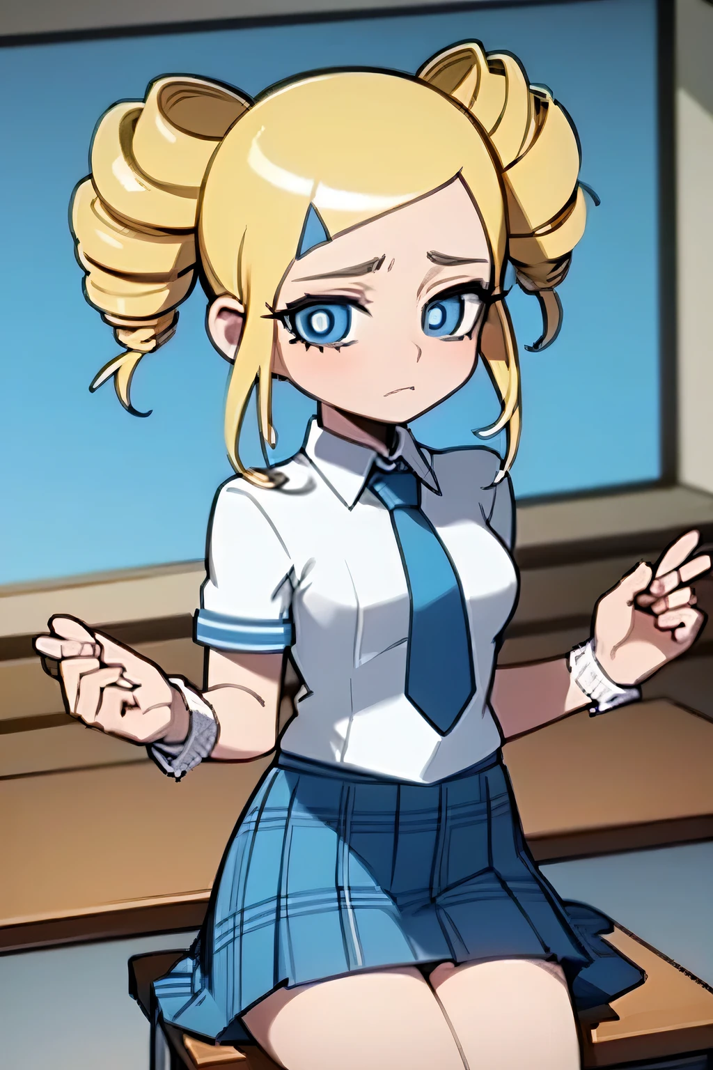 ppgzmyk, blue eyes, blonde hair, twin drills, white shirt, neck tie, plaid skirt, blue skirt, sitting, frown, classroom
