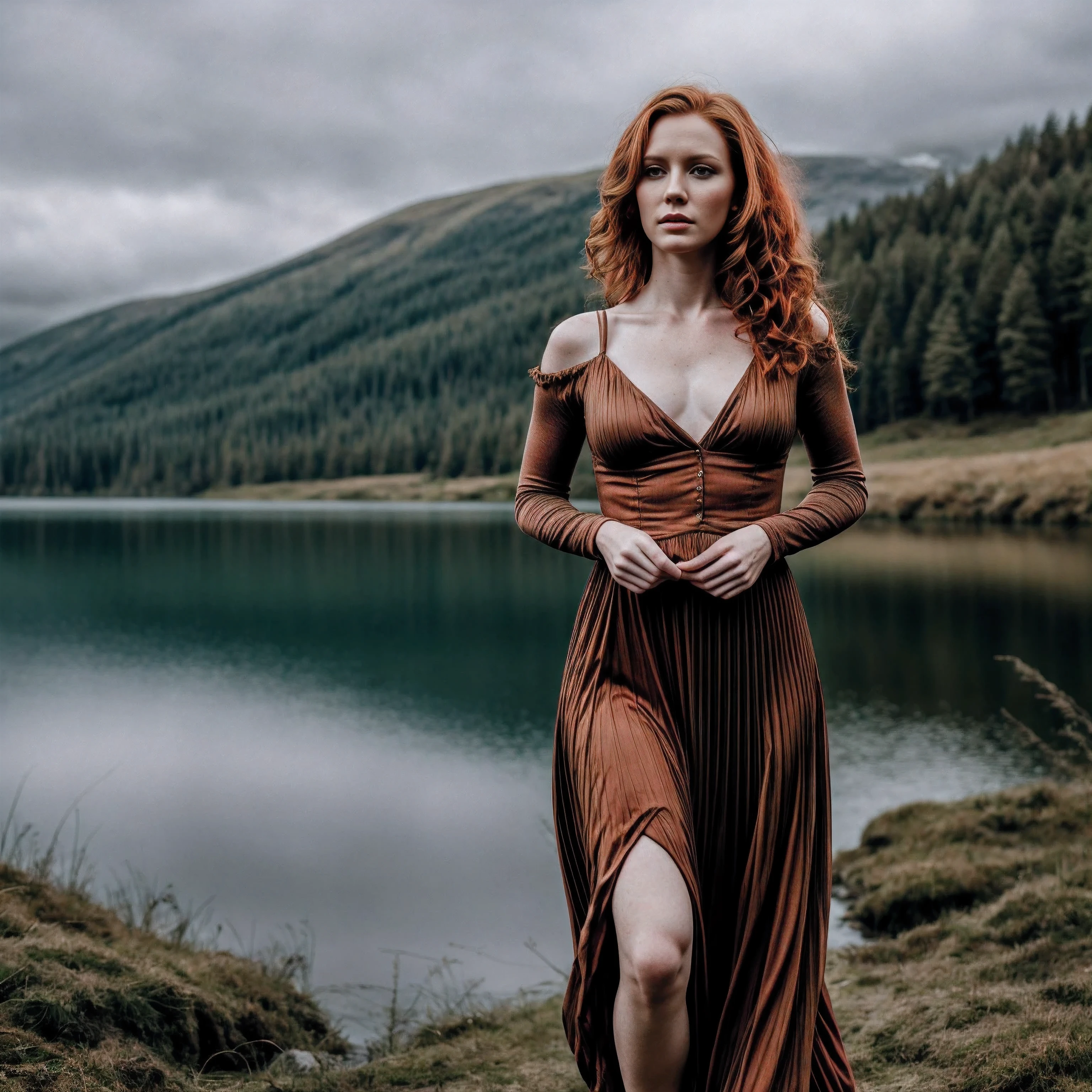 1woman in, age35, Solo, Aesthetic artwork, irish  redhead, wavy ginger hair, shoulder length ginger hair, some small freckles, pale skin, small breasts, runners body, fullbody shot, imperfect skin, goosebumps, gothic dress, beautiful nature location, around lake shore, (extremely detailed 8k wallpaper), soft lighting, high quality, film grain, Fujifilm XT3 sharp focus, f 5.6, 50mm, High Detail, Sharp focus,(natural light), (seductive), Realistic, ultra realistic, photo realistic, crazy details, complex details, hyper detailed,