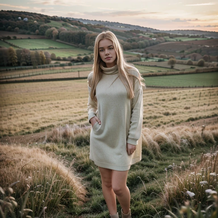 Beautiful blonde, hot winter normal clothes, 18 years old, cute, long blonde hair, Realistic, in winter a grass field, full body, pretty blonde, feild, Realistic, looking away from camera, behind, england, winter, winter clothes, hot looking clothes, england fields