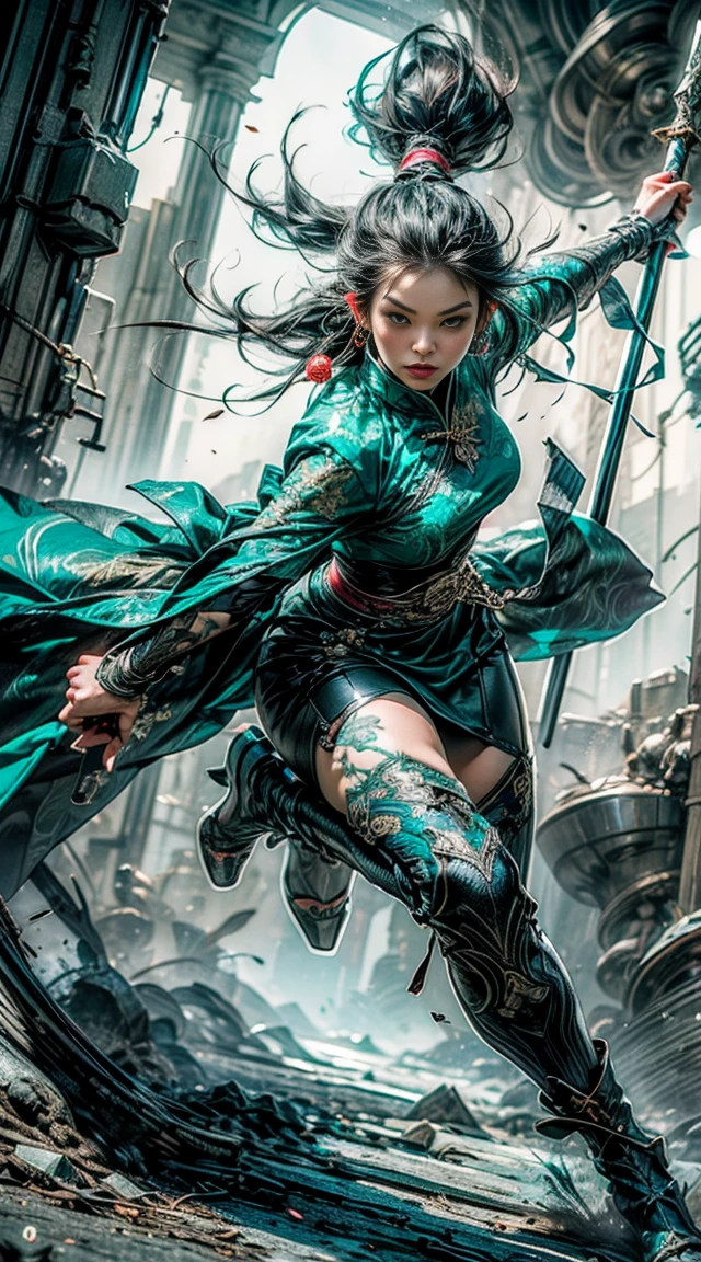 ((Full body Illustration)), high definition|quality|contrast. Magic Fantasy art. a imposing Chinese warrior woman holding a staff in combat pose, (attack pose), traditional dress in shades of green, tattoo on the right leg, swirl of leaves around. her body emanates an energy of peace and strength that emits white and green colors of peace and strength.This energy that radiates around her protects her against an evil spirit.l, ambient soft light.