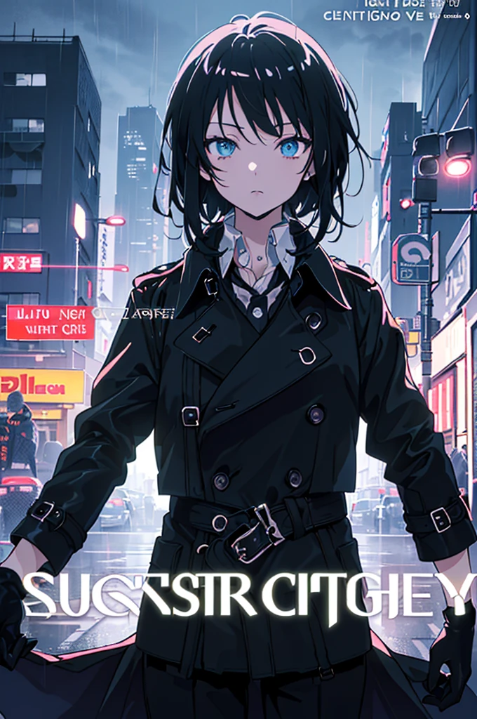 (best quality,8k,masterpiece:1.5), (solo:1.5), 1girl, cyberpunk, futuristic, (buttoned ankle-length black trench coat:1.4), (black pants:1.2), (black collared shirt:1.4), (loose long black hair:1.4), light blue eyes, beautiful detailed face, beautiful detailed fingers, (black leather gloves:1.3), (neon lights:1.4), cityscape, high-rise buildings, advanced technology, city nightlife, (night:1.7), mysterious atmosphere, rain-soaked streets, vivid colors, electric blue color palette, sharp focus, ultra-detailed, high contrast lighting, landscape, reflective surfaces, (anime style:1.4), (cowboy shot:1.3), (frontal body shot:1.6), (looking at viewer:1.4), (cover-style:1.5), (cover:1.5), (headline:1.5), (font:1.5)