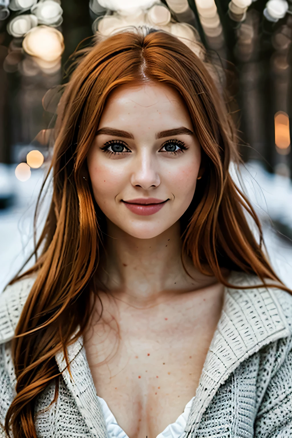 best quality: 1.0, masterpiece: 1.1, high_res: 1.1, 1girl: 1.0,
A waist-high portrait of a beautiful, cute woman in her twenties with long, ginger hair and a captivating smile. Her face radiates elegance and grace, with fair light skin, almond-shaped eyes that twinkle with life, and a hint of messy hair framing her pretty features. Dressed in winter attire, she exudes an irresistible allure.
This photograph is a true masterpiece, a testament to the power of photo-realistic visuals. The image is meticulously