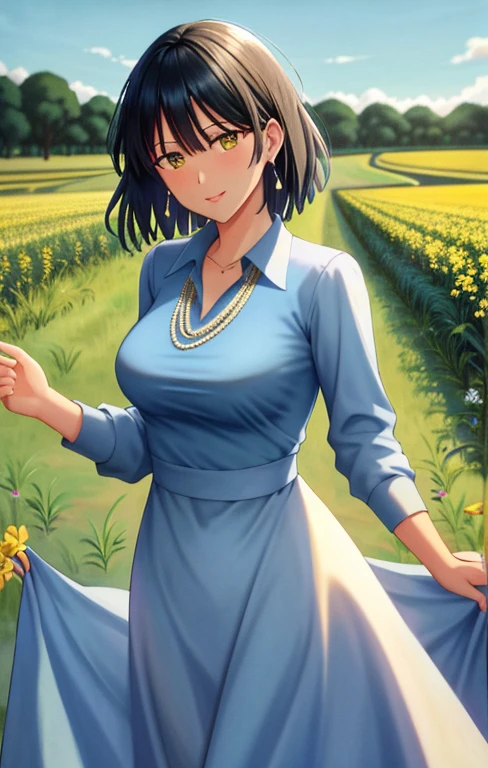 1 chica, 20 years, Alto y atractivo, con un lindo vestido de campo, Cabello trenzado, Standing in a rustic farm setting. Ella tiene un suave, sonrisa suave y ojos expresivos. En el fondo hay encantadores graneros, Campos de trigo dorados y cielos azules claros. The composition should be bathed in a warm golden light., with smooth depth of field and soft bokeh to accentuate idyllic tranquility. Capture imágenes como si hubieran sido tomadas en una movie vintage de 35 mm para mayor empuje, movie,