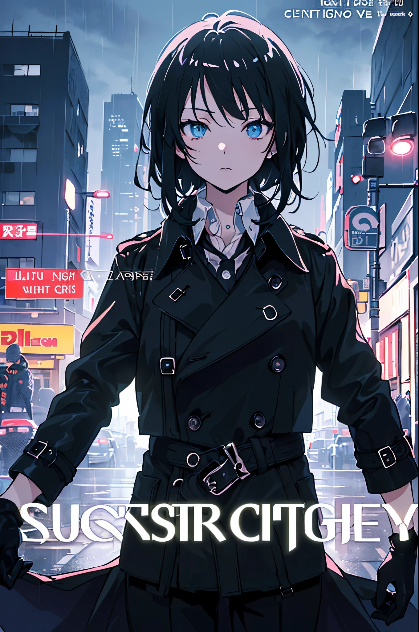 (best quality,8k,masterpiece:1.5), (solo:1.5), 1girl, cyberpunk, futuristic, (buttoned ankle-length black trench coat:1.4), (black pants:1.2), (black collared shirt:1.4), (loose long black hair:1.4), light blue eyes, beautiful detailed face, beautiful detailed fingers, (black leather gloves:1.3), (neon lights:1.4), cityscape, high-rise buildings, advanced technology, city nightlife, (night:1.7), mysterious atmosphere, rain-soaked streets, vivid colors, electric blue color palette, sharp focus, ultra-detailed, high contrast lighting, landscape, reflective surfaces, (anime style:1.4), (cowboy shot:1.3), (frontal body shot:1.6), (looking at viewer:1.4), (cover-style:1.5), (cover:1.5), (headline:1.5), (font:1.5)