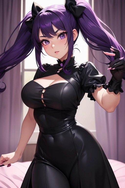 High quality, masterpiece, ultra-detailed, 1girl, black transparent bodystocking, naked breasts, peaceful expression, long purple hair, enchanting green eyes, fox ears, ridiculously large breasts, grabbing own breast, sitting on bed, leaning forward