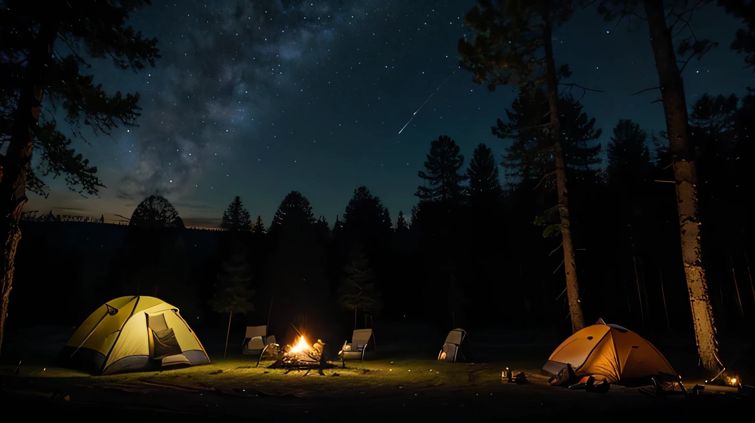 An evening campsite in a forest clearing, with a glowing campfire, tents, and a starry sky overhead.