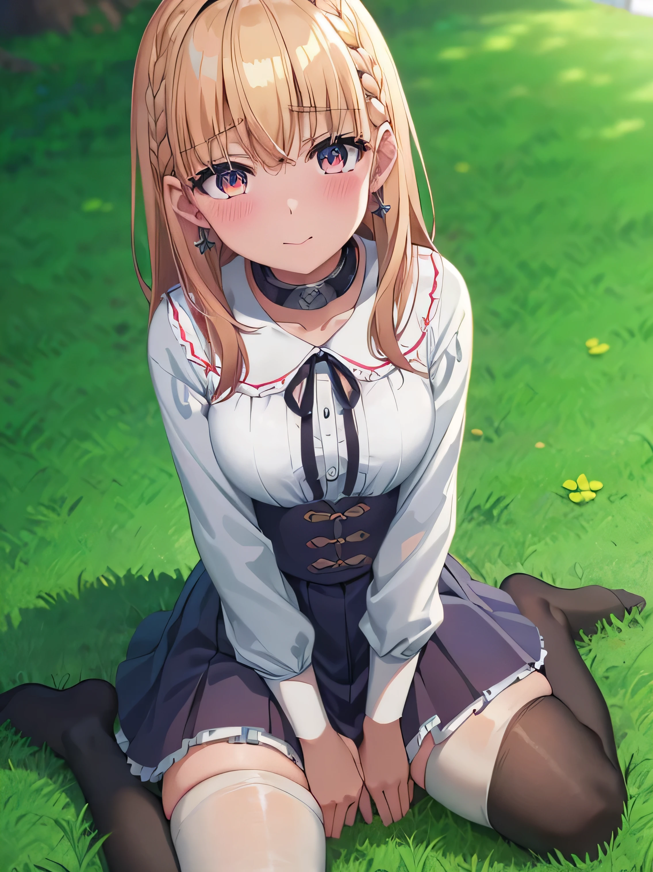 anime - style image of a woman in a white bra top and panties, seductive anime girl, marin kitagawa fanart, makoto shinka, rin, ??????????? loli, anime best girl, sexy pose, smooth anime cg art, asuka suit under clothes!, cushart krenz key art feminine, ayaka genshin impact, zerochan art, white panties,cameltoe,full body,white pantyhose,squatting,pantyshot,å©ä¸,1girl,star earrings,solo,blonde hair,braid,medium hair,bangs,bright pupils,brown eyes,hair between eyes,white pupils,
metal collar,neck ribbon,white shirt,black ribbon,center frills,corset dress,blue dress,long sleeves,frilled skirt,medium breasts,collarbone,smile, blush,
mary janes,outdoors,grass,wind,wind lift,falling leaves,, Exquisite visuals, high-definition,masterpiece,best quality,, 18yo,Young female,Beautiful Fingers,Beautiful long legs,Beautiful body,Beautiful Nose,Beautiful character design, perfect eyes, perfect face,expressive eyes,
official art,extremely detailed CG unity 8k wallpaper, perfect lighting,Colorful, Bright_Front_face_Lighting,shiny skin,
(masterpiece:1.0),(best_quality:1.0), ultra high res,4K,ultra-detailed, (One lady)、(masterpiece)、(best qualtiy)、(ultra-detailliert)、(a high chroma)、(CG Illustration)、((Full Angle))、Female, 20 years old、Delicate beautiful face、(red blush)、(Wavy long hair、Dark blonde hair)、(dishevled hair)、((Shoulder top))、See-through clothes:1.3、((Black stockings))、(Pink Lace Panties)、(Dark blue pleated skirt)、(teats)、breasts of medium size,、((turned around))、(Woman sitting on the floor)、The best lighting、simple background
photography, 8K, HDR, highres, absurdres:1.2, Kodak portra 400, film grain, blurry background, bokeh:1.2, lens flare, (vibrant_color:1.2), (beautiful_face:1.5),(narrow_waist), ,NSFW,