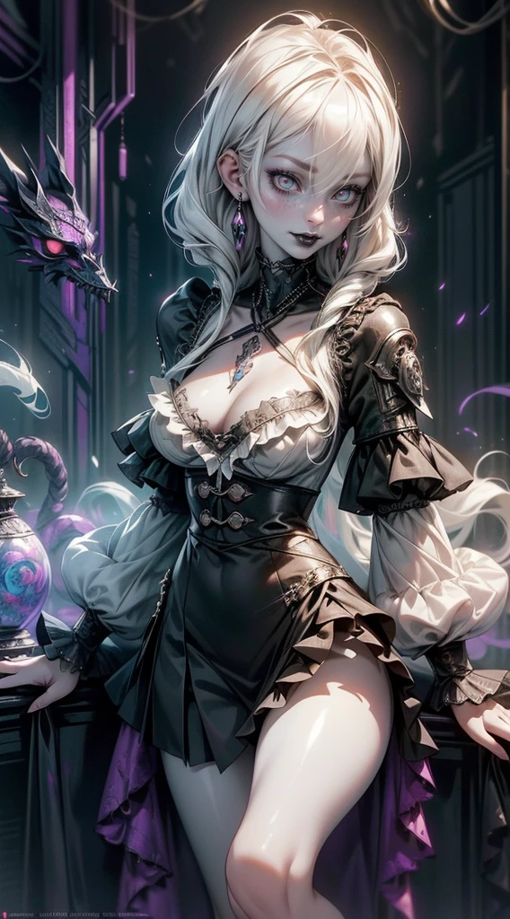 (necromance:1.2) girl, 1girl, perfect and well designed shiny eyes, (beautiful detailed (onix :1.3) marsh eyes:1.05), natural breasts, slim body, beautiful and delicate face, (face detail), ((realistic face)), pores, ((pale skin)), detailed skin, realistic skin, medium length hair, hair voluminous, super high resolution, 8k, parameters Best quality, (masterpiece:1.4), (magic accessories:1.4), bracelets, necklaces, dark extremely detailed thick tight ((lacy silk clothing:1.3), (lacy wrap dress:1.2), (lycra kimono:0.8),(wild goth skirt:1.5)), (shabby hood ruffles coat:1.6), (embroidery and lace:1.3), jewelry ornaments, hair ornament, (cloth:1.3), (neckline:1.3), (cleavage), decolette, navel, Young Girl, Little Beast, (crazy:0.7) Smile, (Pale Skin:2.0), (19 Piercings:1.6), ((tattoos all over body, Tribal tattoos all over legs)), surrounded by darkness, (Darkness:1.2), Dark Fantasy, ultra detailed, photorealistic, ((Real image)), (best quality:1.4), super high resolution, (Realistic 2.0), More details, (full body portrait), (((1girl))), (witchcraft:1.5), magic energy flows and sparkles, (futurism:1.3), fantasy, (cyberpunk:1.4), (magic technologies:1.3), (beautiful and aesthetic:1.2), (fractal art:1.4), (cinematic light:1.1), DUTCH ANGLE, 16K, HDR, RTX, Ray Tracing, Radiosity, Anisotropic Filtering, Subsurface Scattering, (((magic lights))), metallic reflections, Detailed, Realistic, 4k highly detailed digital art, (cool_color), extremely detailed CG unity 8k wallpaper, vibrant colors