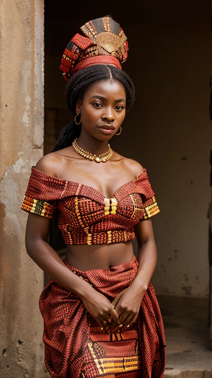 Lueji A'Nkonde African queen (Angola) dressed in red and black Angolan cloth. African clothing style from 1650