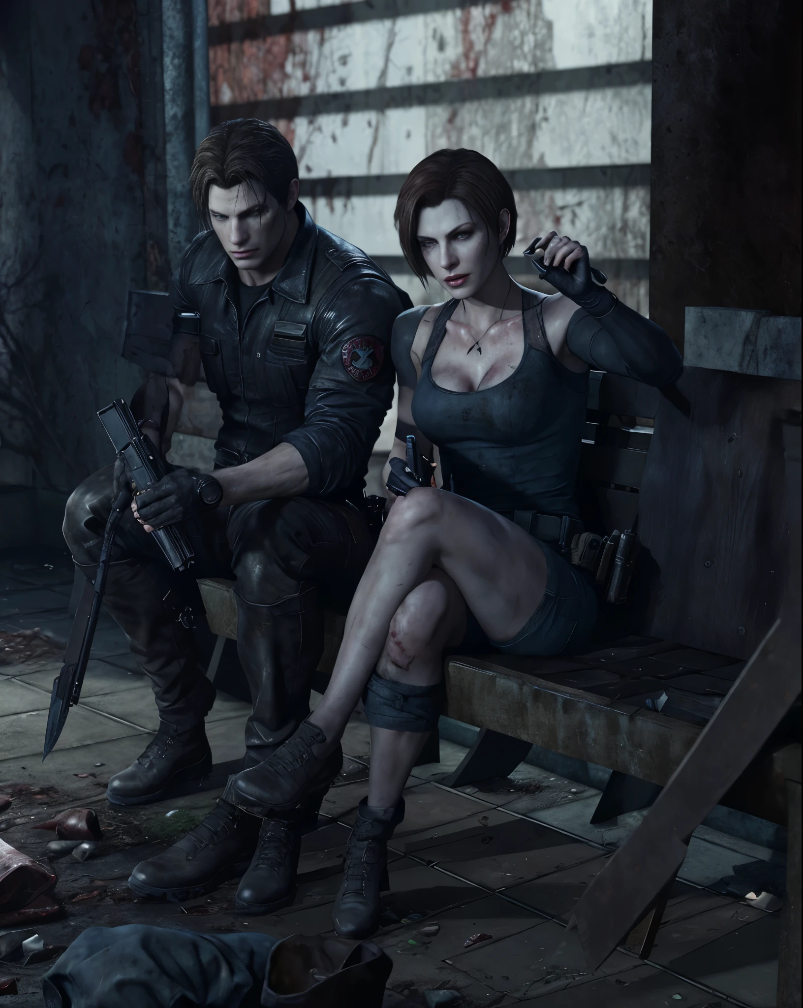 resident evil is sitting on a bench with a knife and a knife in her hand, background of resident evil game, resident evil, resident evil 1, resident evil virus concept art, resident evil inspired, glamorous jill valentine, photorealistic dark concept art, fan art, albert wesker and chris redfield, ultra realistic concept art, resident evil 4, hq artwork