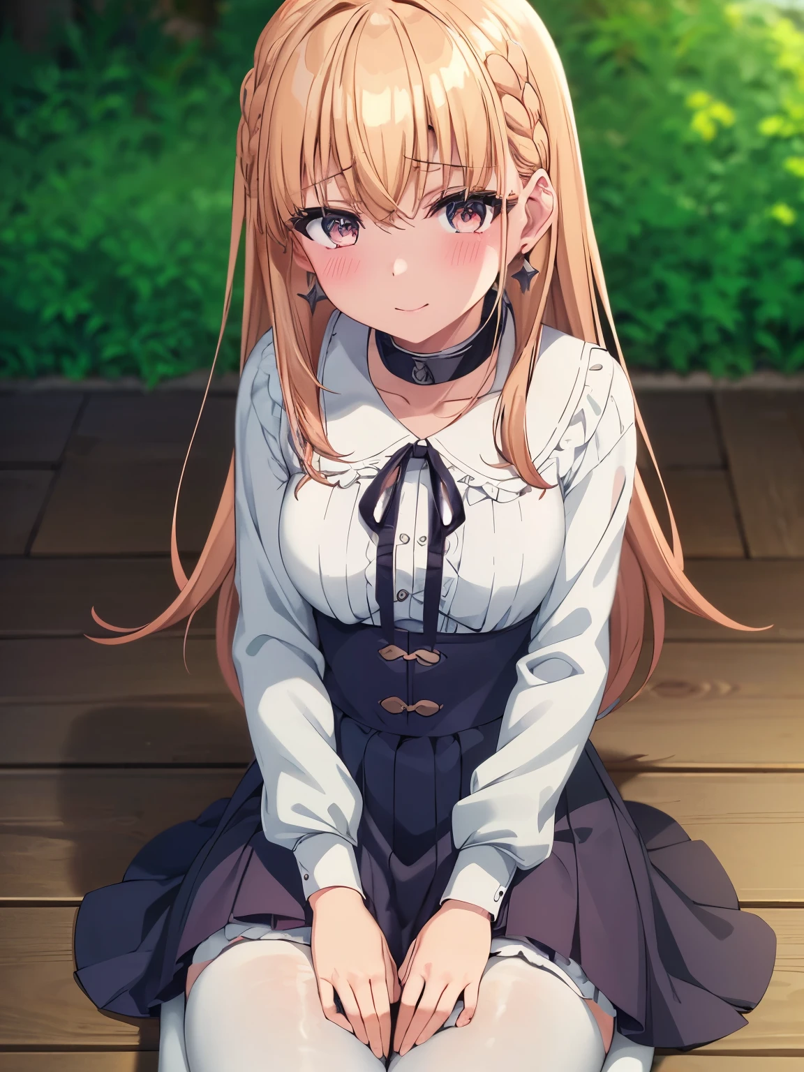 anime - style image of a woman in a white bra top and panties, seductive anime girl, marin kitagawa fanart, makoto shinka, rin, ??????????? loli, anime best girl, sexy pose, smooth anime cg art, asuka suit under clothes!, cushart krenz key art feminine, ayaka genshin impact, zerochan art, white panties,cameltoe,full body,white pantyhose,squatting,pantyshot,å©ä¸,1girl,star earrings,solo,blonde hair,braid,medium hair,bangs,bright pupils,brown eyes,hair between eyes,white pupils,
metal collar,neck ribbon,white shirt,black ribbon,center frills,corset dress,blue dress,long sleeves,frilled skirt,medium breasts,collarbone,smile, blush,
mary janes,outdoors,grass,wind,wind lift,falling leaves,, Exquisite visuals, high-definition,masterpiece,best quality,, 18yo,Young female,Beautiful Fingers,Beautiful long legs,Beautiful body,Beautiful Nose,Beautiful character design, perfect eyes, perfect face,expressive eyes,
official art,extremely detailed CG unity 8k wallpaper, perfect lighting,Colorful, Bright_Front_face_Lighting,shiny skin,
(masterpiece:1.0),(best_quality:1.0), ultra high res,4K,ultra-detailed, (One lady)、(masterpiece)、(best qualtiy)、(ultra-detailliert)、(a high chroma)、(CG Illustration)、((Full Angle))、Female, 20 years old、Delicate beautiful face、(red blush)、(Wavy long hair、Dark blonde hair)、(dishevled hair)、((Shoulder top))、See-through clothes:1.3、((Black stockings))、(Pink Lace Panties)、(Dark blue pleated skirt)、(teats)、breasts of medium size,、((turned around))、(Woman sitting on the floor)、The best lighting、simple background
photography, 8K, HDR, highres, absurdres:1.2, Kodak portra 400, film grain, blurry background, bokeh:1.2, lens flare, (vibrant_color:1.2), (beautiful_face:1.5),(narrow_waist), ,NSFW,