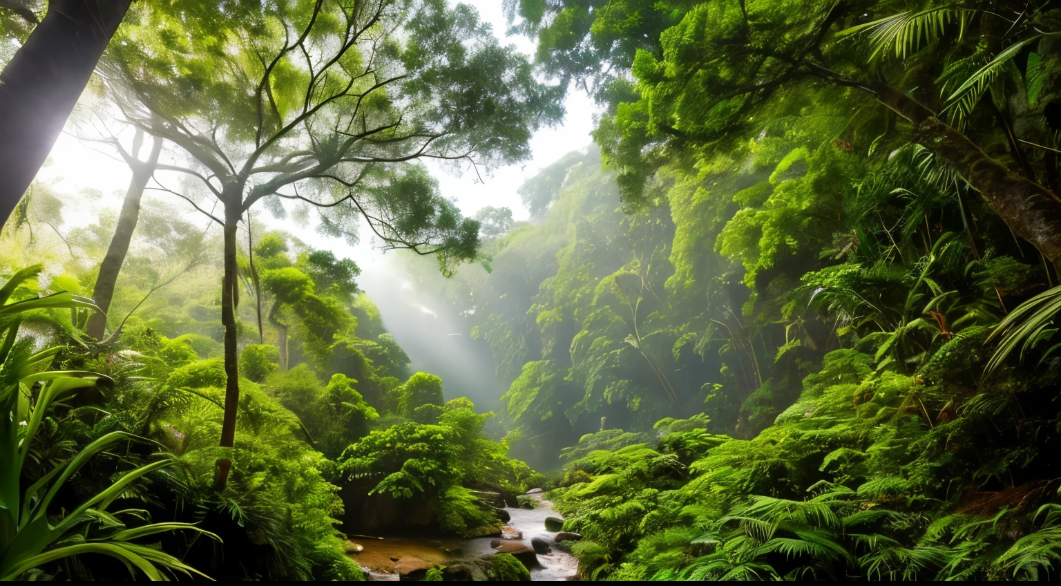 Una cascada cristalina fluye sobre rocas cubiertas de musgo en lo profundo de una exuberante selva tropical. El agua cae sobre un estanque azul verdoso rodeado de helechos y bromelias gigantes. Una neblina ondulante flota sobre la cascada, difuminando el fondo en un misterio. Huge tropical trees like kapok and ceiba trees rise into an emerald green canopy, con lianas oscilando entre sus ramas. Dense foliage is full of life, with brightly colored exotic birds like toucans, Macaws and quetzals fluttering through the canopy. Sunlight filters in golden rays through the treetops. It is a magical and primordial sight that seems lost in time, Captured with the composition and chromatic richness of professional landscape photography.